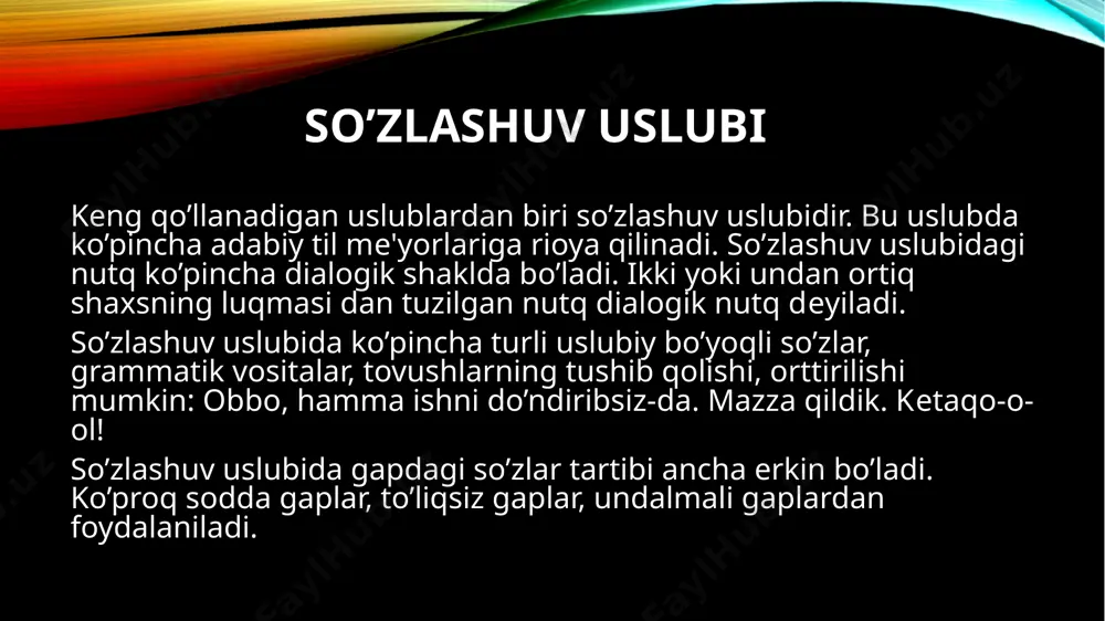 da bo’ladi. badiiy asar kishiga ma'lumot bеrish bilan birga, timsollar (obrazlar) vositasida estеtik ta'sir ham ko’rsatadi: o’lkamizda fasllar kеlinchagi bo’lmish bahor o’z sеpini yoymoqda. badiiy uslubda qahramonlar nutqida oddiy nutq so’zlari, shеva, vulgarizmlardan ham foydalaniladi. badiiy asarlar uslubi aralash uslub hisoblanadi. unda so’zlashuv uslubiga, kitobiy uslublarga xos o’rinlar ham uchraydi. a nutq turlari a siyosiy-ijtimoiy nutq 1. siyosiy-ijtimoiy va siyosiy iqtisodiy mavzudagi nutq. 2. sessiya, konferenciyadagi nutq. 3. siyosiy sharh. 4. harbiy vatanparvarlik nutqi. 5. miting nutqi. 6. rasmiy-diplomatik nutq. 7. ilmiy-ommabop nutq. akademik nutq 1. o'quv yurtlari ma'ruzalari. 2. ilmiy nutq (ma'ruzalar). 3. ilmiy sharh. 4. ilmiy axborot. sud nutqi 1. qoralovchi (prokuror) nutqi. 2. jamoatchi-qoralovchi nutqi. 3. oqlovchi (advokat) nutqi. 4. jamoatchi oqlovchi nutqi. ijtimoiy-maishiy nutq 1. madhiya (yubiley yoki maqtov nutqi). 2. ta'ziya (motam nutqi). 3. tabrik nutqi (tost). diniy nutq 1. hutba. 2. va'z. etiboringiz uchun rahmat! a image2.png media1.mp4 image3.png image1.png /docprops/thumbnail.jpeg