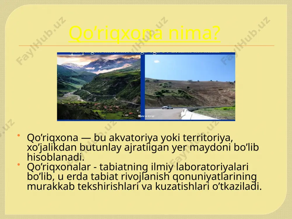 i tiklash, uchib o’tish davrida qushlarning dam olishi va oziqlanishi uchun sharoit yaratish maqsadida tashkil qilingan maydoni 10000 ga. arnasoy davlat qo’riqxonasi arnasoy davlat qo’riqxonasi 1983-yilda jizzax viloyatida tashkil qilingan. maydoni 63 ming gektar. uning tarkibiga tuzkon ko’li ham kiradi. asosan qushlar qo’nib o’tadigan paytida dam olishga qo’nadigan qushlarni muhofaza qilish maqsadida ochilgan. bu yerda jingalak birqozon, qora va kulrang laylaklar, g’oz, qirg’ovul va loyxo’raklarni uchratish mumkin. biosfera qo’riqxonalari biosfera qo’riqxonalari – inson xo’jalik faoliyatining tabiatga ta’sirini ayrim regionlar va sayyora ko’lamida o’rganish, baholash, ularni nazorat qilib turish uchun xalqaro va milliy darajada tashkil etiladigan qo’riqxonalardir. atrof-muhit ustidan sayyora miqyosida nazorat sistemasi, biosfera qo’riqxonalari ma’lumotlariga asoslanadi. image2.jpeg image3.jpeg image4.jpeg image5.jpeg image6.jpeg image7.jpeg image8.jpeg image9.jpeg /docprops/thumbnail.jpeg