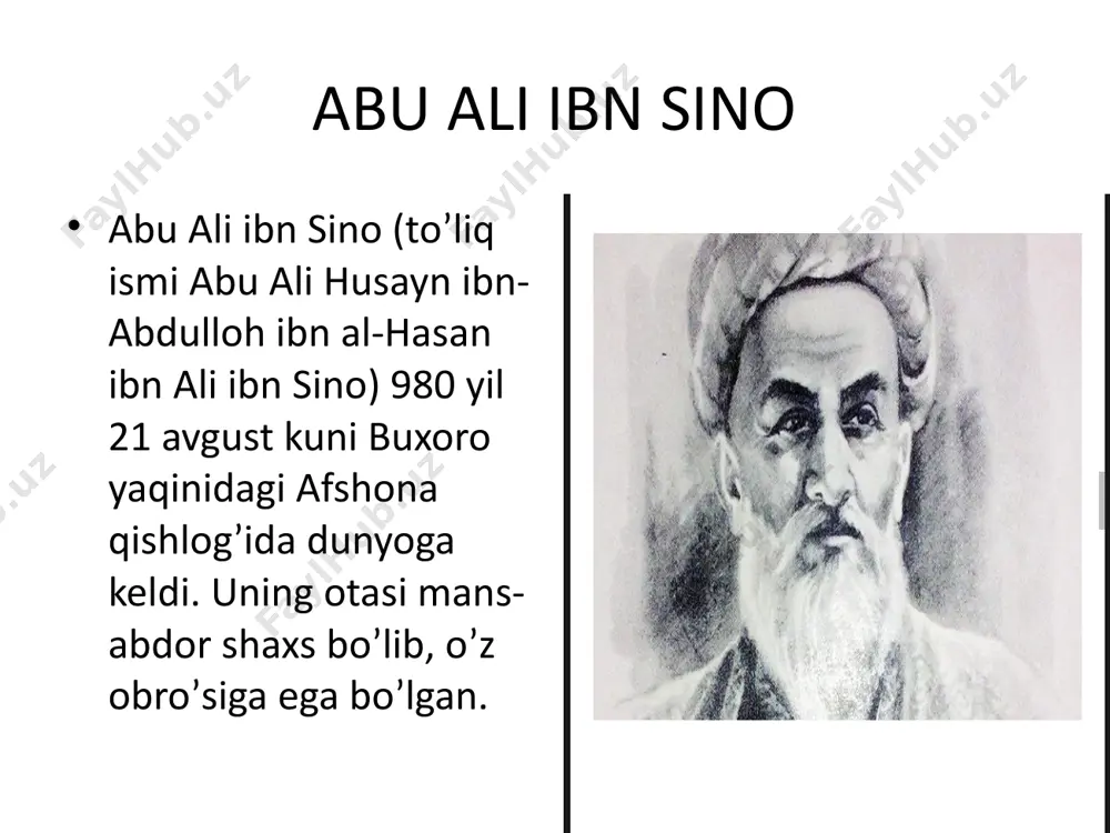 dori, eritma va har xil surtma dorilar tayyorlash usullarini ko'rsatib bergan. bizga kalonisiyning tibga oid asari ma'lum emas. u ko'proq dorishunoslik bilan shug'ullangan bo‘lsa kerak. qatton al-marvaziy marv shahrida tavallud topgan. shuning uchun u “marvaziy” taxallusini olgan. olim tibbiyotdan tashqari falsafa, astronomiya, riyoziyot va boshqa tabiiy fanlar bilan ham shug'ullangan. lekin, asosiy kasbi tabiblik bo'lgan. bizga uning tibga doir "rasoil fi-ttib” ("tib haqida risolalar”) nomli asari ma’lum. kitobda olim nazariy va amaliy tibbiyot haqida birmuncha qisqaroq ma'lumot bergan foydalaniladigan adabiyotlar 1.a.a qodirov tibbiyot tarixi 2.f.u yoʻldosheva tibbiyot tarixi 3.x.e rustamova tibbiyot tarixi eʼtiboringiz uchun rahmat image2.png image3.png image4.png image5.png image6.png