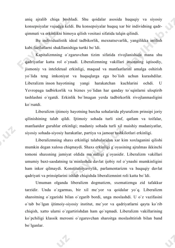 as gobbslar siyosiy-huquqiy qarashlarida liberalizm g`oyalari. tabiiy huquq nazariyasiga katta hissa qo`shgan mutafakkirlar orasida jon lokk (1632-1704) alohida o`rin egallaydi. u siyosiy nazariya klassiklaridan biri hisoblanadi. uning davlat va tabiiy huquq haqidagi g`oyalari "boshqaruv haqida traktat" nomli asarida ifodalangan. bu asarni liberalizmning bibliyasi deb ham ataydilar. lokk odamlarning tabiiy holatini tasvirlashda gobbsning hammani hammaga qarshi urush holati haqidagi fikriga qarama-qarshi fikrini bayon qiladi. uning fikricha, tabiiy holatda erkinlik va tenglik xukm suradi. tabiiy erkinlik xech qachon begonalashtirilmaydi. lokk mulkka egalikni ham erkinlik kabi odamning tabiiy huquqi deb xisoblaydi. odamlarning erkinligi va ularning mulki, deydi lokk, tabiiy holatda ishonchli muxofaza qilinmaydi. umumiy tenglik tufayli barcha o`zini qirol deb tasavvur qiladi. biroq, ko`pchilik hamma vaqt ham adolat talablariga rioya qiladi deb bo`lmaydi. bu hol o`z mulkiga egalik qilishni qiyinlashtiradi. odamlarning olmiy maqsadi o`z mulkini, tabiiy erkinligini muxofaza qilishdan iboratdir. shu maqsadda ular ijtimoiy shartnoma asosida o`zlarining tabiiy erkinligi, hayoti va mulkini muxofaza …