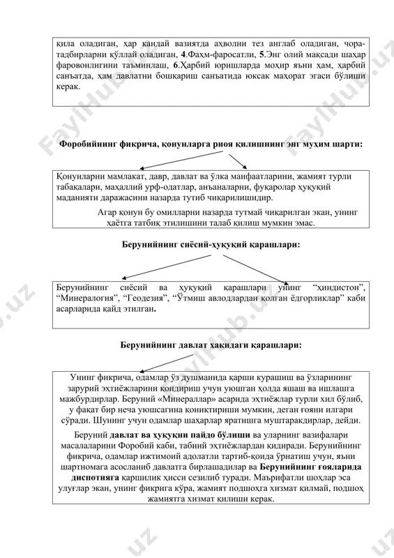 аларини икки турга бўлади: 1-қонуний ёки адолатли шартномалар – бунда меҳнатга яраша иш ҳақи олади. 2-қонунсиз ёки адолатсиз шартномалар – бунда тенгсизлик, зўрлик, қаллоблик амал қилиб, бунда фақат бир томоннинг манфаатлари эътиборга олинади. берунийнинг давлат бошлиғи ҳақидаги қарашлари: «идора қилиш ва бошқаришнинг моҳияти балки бошлиқ золимлардан азият чекканларнинг ҳуқуқларини ҳимоя қилиш, бировларнинг тинчлиги йўлида ўз тинчлигини йўқотишдир. бу уларнинг оиласини, уларнинг ҳаёти ва мол-мулкини ҳимоя қилиш ва қўриқлаш йўлида бадан чарчашидан иборат». унинг сиёсий қарашларида давлат бошлиғи табиатан бошқариш қобилиятига эга бўлиши лозим. бунинг учун эса давлат бошлиғи давлатнинг муҳим масалаларини ҳал этишда донишмандларнинг қонунларига амал қилиши лозим. бунда беруний арастунинг искандарга қилган насиҳатларини, ҳамда искандарнинг уларга амал қилганини мисол қилади. берунийнинг фикрича, «одил ҳокимнинг вазифаси олий ва паст табақалар, кучлилар ва кучсизлар орасида тенглик, адолат ўрнатишдан иборатдир». берунийнинг жамият ҳақидаги қарашлари: жамият подшоҳга хизмат қилмай, балки подшох, жамиятга хизмат қилиши кераклигини қўллаган: «идора қилиш ва бошқаришнинг моҳияти азият чекканларнинг …