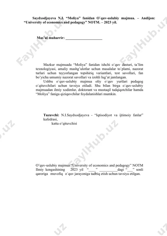 ma´lumot 17 normativ hujjatlar 18 annotatsiyalar 19 kurs ishlari mavzulari 20 foydali maslahatlar “university of economics and pedogogy” notm “tasdiqlayman” rektor: ____________u.radjabov “____” ___________2023 yil moliya fan dasturi bilim sohasi: 300 000 400 000 ijtimoiy fanlar, jurnalistika va axborot biznes, boshqaruv va huquq ta’lim sohasi: 310 000 410 000 ijtimoiy va xulq atvorga mansub fanlar biznes va boshqaruv ta’lim yo‘nalishi: 60110400 60310100 60410100 moliya va moliyaviy texnologiyalar iqtisodiyot (tarmoqlar va sohalar bo‘yicha) buxgalteriya xisobi va audit taʼlim yoʼnalishlari andijon – 2023 yil fan dasturi “university of economics and pedagogy” notm kengashining 2023 yil “____” __________dagi “___” sonli bayonnomasii bilan tasdiqlangan. “university of economics and pedagogy” notm rektorining 2023 yil “____” __________dagi “___” sonli buyrug‘i bilan tasdiqlangan. tuzuvchilar: u.radjapov - “iqtisodiyot va ijtimoiy fanlar” kafedrasi, i.f.n., dotsent t.turg‘unov - “iqtisodiyot va ijtimoiy fanlar” kafedrasi, i.f.f.d., dotsent f.yuldashev - “iqtisodiyot va ijtimoiy fanlar” kafedrasi, i.f.f.d., dotsent kelishildi: d.sarimsaqov ________________ (imzo) andmii, “iqtisodiyot” …