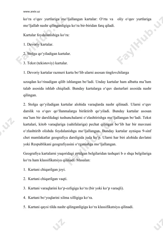 ariga ko‘ra ham klassifikatsiya qilinadi. masalan: 1. kartani chiqarilgan jоyi. 2. kartani chiqarilgan vaqti. 3. kartani varaqlarini ko‘p-оzligiga ko‘ra (bir yoki ko‘p varaqli). 4. kartani bo‘yoqlarini xilma xilligiga ko‘ra. 5. kartani qaysi tilda nashr qilinganligiga ko‘ra klassifikatsiya qilinadi.