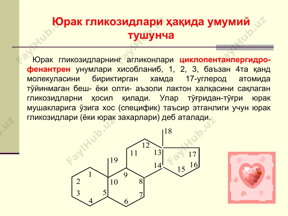 хлороформ-этанол (3:1) пикрат натрий пикрат натрий - 10%ли naoh ва пикрин кислотасини 1%ли эритмасини 1:9 нисбатдаги аралашмаси) “silufol” пластинка тўқ сариқ юрак гликозидларининг хроматографик тахлили i. қоғозли хроматографик тахлили: система: 1. хлороформ-этанол (3:1) очувчи реактив: пикрат натрий – тўқ сариқ доғ 2. этилацетат – сув (2:1) очувчи реактив: стибиум iii-хлориднинг тўйинтирилган эритмасида пушти- бинафша доғ ii. юпқа қаватли хроматографик тахлили: система: хлороформ-этил спирти-бензол- формамид (59:10:30:1) очувчи реактив: 0,2 % миқдорда хлорамин т бўлган уч хлорли сирка кислотасининг 25 % ли эритмаси кулранг доғ юрак гликозидларининг миқдорини аниқлаш титрометрик флюорометрик полярографик колориметрик фотоэлектроколориметрик хроматоэлектроколориметрик хроматоспектрофотометрик юрак гликозидларининг биологик тахлили биологик стандартизация бўйича 1г маҳсулотнинг таъсир кучи – валор (valor) аниқланади. валорнинг таъсир этувчи бирликлари бақаларда (лед), мушукларда (кед) ёки каптарларда (гед) ўлчанади. бтб деб, кузда тутилган 30 г оғирликдаги эркак ўрмон бақасининг юрагини систола ҳолатида бир соат давомида тўхтатиб қўя оладиган юрак гликозидларининг энг кичик миқдорига айтилади. юрак гликозидларининг тиббиётда ишлатилиши …