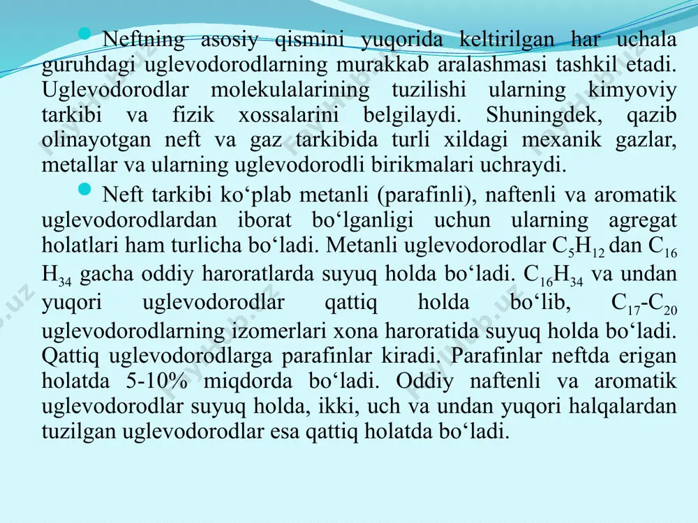 iflashni yagona ko`rinishi tavsiya etilgan edi. zichlik bo`yicha og`ir (920— 1000 kg/m3), o`rtacha (870—920 kg/m3) engil (870 kg/m3 dan kam); qovushqoqlik bo`yicha o`ta yuqori qovushqoq (50 mpа*s dan yuqori), yuqori qovushqoq (30— 50 mpа*s), o`rtacha (10—30 mpа*s ) yengil (10 mpа*s gacha). neft konlaridan qazib olinayotgan xom-ashyo tarkibida tabiiy va yo‘ldosh gazlar ham mavjud. ba’zi konlar uchun neftning tarkibida parafinli (metanli) uglevodorodlar 60-65% ni, naftenli uglevodorodlar 20-25% ni va aromatik uglevodorodlar 12-15% ni tashkil etadi. bunday neftlar parafinli neftlar deyiladi. neftni termik va katalitik qayta ishlash jarayonlarida ko‘p miqdorda to‘yinmagan uglevodorodlar (olefinlilar): etilen qatoridagi uglevodorodlar (etilen c2h4, propilen c3h6), normal- va izo-butilenlar (nc8h18, ic8h18), amilenlar (c5h10) va boshqa shu turdagi normal va izotuzilishlarda hosil bo‘ladi, masalan: bu uglevodorodlar yuqori darajada reaksion qobiliyatga ega bo‘lib, polietilen, polipropilen, etilen va polipropilen oksidlari va ularning ko‘plab hosilalarini olish uchun muhim xom-ashyo bo‘lib xizmat qiladi. kon mahsuloti tarkibiga bog‘liq ravishda qazib olinayotgan neft tarkibiga …