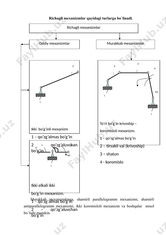 1 b-rasmda ikkita harakat qiluvchi oliy kinematik juft keltirilgan (ilgarilanma va aylanma harakat) bir zveno ikkinchisiga nisbatan (bunda harakatlanmaydigan zvenoga nisbatan). bunday kinematik juftlar asosan kulachokli va tishli mexanizmlarda qo’llaniladi. kinеmatik juftlar, bu biri ikkinchisiga yoki aksincha, ikkinchisi birinchisiga nisbatan harakat qila oladigan ikki bo’g’in qo`shilmasidir. jismga nisbatan ikki no`qtaning bog`lanish formulasi quyidagicha bo`ladi: (x2 – x1)2 + ﴾ y2 – y1)2 = ℓ 2 - tеkislikda (x2 – x1)2 + ﴾ y2 – y1)2 + (z2 – z1)2 = ℓ 2 - fazoda kinеmatik juftlar, tarkibidagi bo’g’inlarning nisbiy harakatiga qo`yilgan soniga qarab, 5 ta sinfga bo`linadi. bunda bog`lanishlar soni quyidagicha aniqlanadi. с = 6 – н н – bo’g’inning nisbiy harakatidagi erkinlik darajasi. birinchi klass kinematik juft zveno harakatiga bitta bog’lanishni qo’yib, beshta harakati qoldiriladi. jadvalda shunday kinematik juft keltirilgan, uni «shar-tekislik» deyiladi va uning konstruktiv tuzilishi oxiri sferik ko’rinishidagi yumaloq sterjen richag bilan kontaktda bo’ladi. zveno qismlari kinematik …
