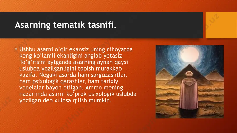 di? — ajablanishdi o‘rmon nimfalari: — sening qirg‘og‘ingda o‘tirib, sening suvlaringga termilib, azondan shom qorong‘usigacha vaqt o‘tkazgan emasmidi u? anhor uzoq sukut saqladi va nihoyat javob qildi: — men nargisga aza tutayapman, biroq hech qachon uning go‘zal ekanini payqamabman. ko‘z yoshlarimni oqizayotganim boisi, har safar u qirg‘og‘imga kelib, egilib suvlarimga termilib o‘tirganida, ko‘zlarining tubida mening go‘zalligim yuz ko‘rsatardi"�. "œnaqadar g‘aroyib rivoyat"�, — o‘yladi alkimyogar. asardagi eng yaxshi aforizm va falsafiy mushohadalar. asar nihoyatda go’zal falsafiy mushohadalarga boy: “o’z taqdirim”- nima o’zi bu? bu- hayotimizning oliy mohiyati ro’yi zamindagi umrguzaronligimiz uchun tangrimiz tayyorlab qo’ygan yo’l. hayotning mohiyati ham aslida shu- 7marta yiqilib, 8 marta oyoqqa turib keta olishda. xudoning qahri qattiq, ammo uning marhamati ham chek-chegarasiz. biror narsani astoydil istasang butun olam shu istagingni ro’yobga chiqarish uchun yordam beradi. asardan olgan taassurotlarim asarni mutolaa qilganimda bir olam taassurotga ega bo’lganman. shuni ta’kidlashim joizki, bu asar men o’qigan asarlar orasida eng yaxshisi. …