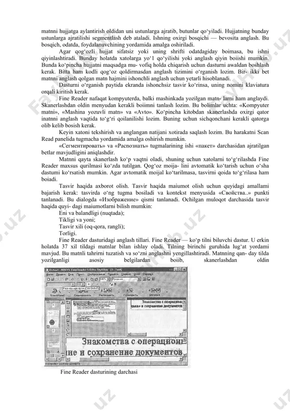 ada joylashishi, matnli hujjat darchasi anglashdan keyingi holatida turadi. darchaning yuqori izohlash menyusining pastki qismida asboblar paneli joylashgan. форматирование asboblar paneli operatsiya uchun almashtirish buferi va hujjatlarni ochish kabi tugmalardan iborat. panelning boshqa tugmalari hujjatni o‘zgartirish vazifalarini bajaradi. scan read paneli hujjatni elektron matn ko‘rinishiga keltiradigan tugmalardan tuzilgan. birinchi tugma hammasi bitta operatsiya asosida bajarilishini ta’minlaydi. qolgan tugmalar ochiladigan menyularni o‘z ichiga olib, ishning har xil bosqichlari uchun xizmat qiladi. pacnoзнаванное paneli hujjatning qaysi tilda va qaysi shriftda yozilishini belgilash uchun ishlatiladi. hujjatlar sifatsiz yozilgan holatda shu ish talab qilinadi. tasvir ko‘rinishi bilan asboblar paneli qoilaniladi. jumladan, u hujjat segmentlashini boshqarishda birga ruhsat etiladi. bu panel boshqarish elementi yordamida umumiy hujjatning matn fragmentini izchillik bilan beradi. форматированние (formatlash) boshqaruv paneli elementlari tayyor matnni o‘zgartirish yoki uni tahrir qilish uchun ishlatiladi. hujjatni elektron ko‘rinishda o‘zgartirish uch bosqichdan iborat. har bir dastur bosqichi avtomatik ravishda nazorat ostida amalga oshiriladi. agar hamma bosqich …