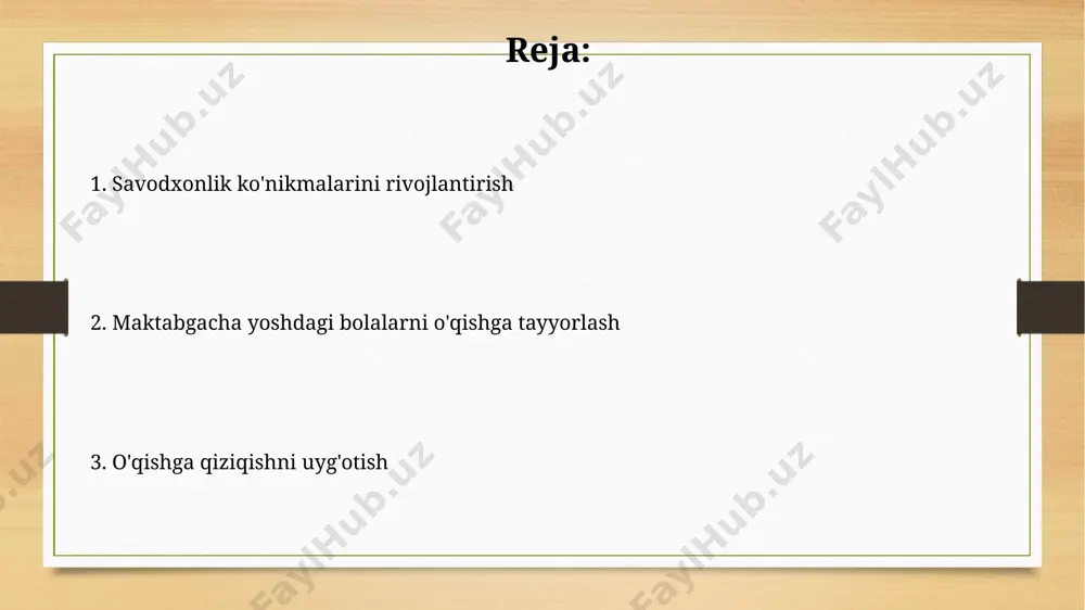 i oshiradi. she'r va qo'shiqlar orqali o'rganiladigan yangi so'zlarni takrorlash va o'yinlar orqali mustahkamlash, xotirani 20% ga oshiradi va 3-4 yoshli bolalarda nutq rivojlanishini tezlashtiradi. maktabga tayyorgarlikning muhim jihatlari maktabga tayyorgarlikda bolaning 5-6 yoshida 20-30 ta so'zdan iborat oddiy hikoyalarni tushunishi va qayta hikoya qilishi muhim, masalan, "qo'shni bog'da" hikoyasi kabi. o'qishga tayyorgarlik jarayonida bolalarga 10-15 ta rangli rasmli kitobni o'qib berish va ular bilan muhokama qilish, masalan, toshkentda chop etilgan "mening sevimli hayvonlarim" kitobi kabi, juda muhimdir. ota-onalar va tarbiyachilarning roli ota-onalar bolalar bilan harflarni, raqamlarni o'rganish, qo'shiq kuylash va she'rlar o'qish orqali uyda ham faol ishtirok etishlari kerak. bu 3 yoshdan 6 yoshgacha bo'lgan bolalarning o'qishga tayyorgarligiga sezilarli ta'sir ko'rsatadi. tarbiyachilar o'yinlar orqali, masalan, 20 ta harfni o'rganish va 5 ta yangi so'z o'rganish orqali bolalarni o'qishga tayyorlashda muhim rol o'ynaydi. samarqanddagi ta'lim muassasalarida bunday usullar samarali qo'llanilmoqda. o'yinlar orqali o'qishga tayyorgarlik farg'onada o'tkazilgan tadqiqotlar shuni ko'rsatdiki, muntazam …