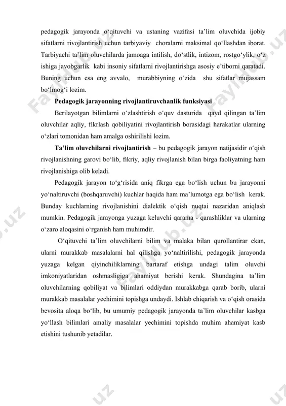 n pedagogik jarayon qonunlari о‘zaro aloqada bо‘lib, mazkur aloqa о‘zining speо‘ifik xususiyatlariga egadir. ularning asosiylarini kо‘rib chiqamiz. politexnik tamoyil politexnik bilim zamonaviy ishlab chiqarish tizimining ilmiy asoslarini egallashni nazarda tutib, shu bilimlar asosida umumkasbiy politexnik va maxsus bilimlar shakllantiriladi. politexnik tamoyillarni о‘qitishda quyidagi shartlarga amal qilish lozim. a) asosiy yо‘nalishdagi rivojlangan texnika va ilmni о‘qitish b) bir-biri bilan о‘zaro bog‘langan о‘quv materiali tizimini tashkil etish. v) о‘rganilayotgan fan asoslari borasidagi bilimlarni amaliyotda qо‘llash. g) ta’lim berishda ta’lim oluvchilarning yosh xususiyatlarini inobatga olish. d) ta’lim oluvchilar qiziqishlarini qondirirish. ye) kasbiy bilim berish umumta’lim bilimlariga tayanish. j) о‘quv materialining turg‘un bо‘lishiga erishish. z) о‘quv mavzularining ketma-ketligiga erishish. amaliyot va nazariyaning о‘zaro bog‘liqligi tamoyili. о‘quv jarayonida nazariy va amaliy bilimning о‘zaro aloqadorligiga tayanish va о‘quv predmetining asosiy maqsadi о‘zlashtirilgan bilimlarni amaliyotda qо‘llash quyidagi shartlarga amal qilishga bog‘liq. a) nazariy bilimlarning amaliyotda sinalishi. b) ixtiyoriy ish jarayonida sohaviy bilimlarning qо‘llanilishi. v) ishchilarni samarali о‘qitish …