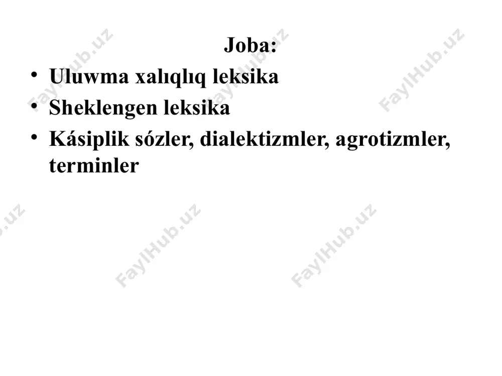 nan sheklengen leksika quraydı. sheklengen leksikanı quraytuǵın sózler óz gezeginde dál sáykes dialektizmler, kásiplik sózler hbelgilerine, ózgesheliklerine ám argotizmler bolıp úsh toparǵa bólinedi. jalpı xalıqlıq leksika. jalpı xalıqlıq leksikaǵa kiretuǵın sózler ya kásipke, ya aymaqqa, ya sociallıq ortalıqqa baylanıslı shekleniwshilikti bilmeytuǵın leksikalıq birliklerden ibarat. oǵan awızeki hám jazba pikir alısıw, qatnas processinde keń qollanıla beretuǵın, uluwma xalıqqa ortaq, jalpı xalıq tárepinen qabıl etilgen, til nızamlarına sáykes qáliplesken leksikalıq birlikler kiredi. qálegen adam bul leksikalıq birliklerden pikir alısıwdıń talabına qaray anaw ya mınaw dárejede paydalanıw múmkinshiligine iye. jalpı xalıqlıq leksika ádebiy tildiń sózlik quramınıń tiykarın, tiykarǵı baylıǵın kórsetedi. tildiń sózlik quramı mine usı tiykarǵı materialdıń bazasına qurılǵan hám sonıń tiykarında jetilisedi, rawajlanadı. jalpı xalıqlıq leksikanıń tiykarın ádebiy tildiń leksikalıq birlikleri quraydı. onıń quramında kóp mánili jeke sózlerde, arxizmler de, tariyxıy sózler de, neologizmler de, frazeologiyalıq sóz dizbekleri de hám taǵı basqa jalpı xalıqlıq sıpatqa iye sózler de bar. qullası, qaraqalpaq tilinde …
