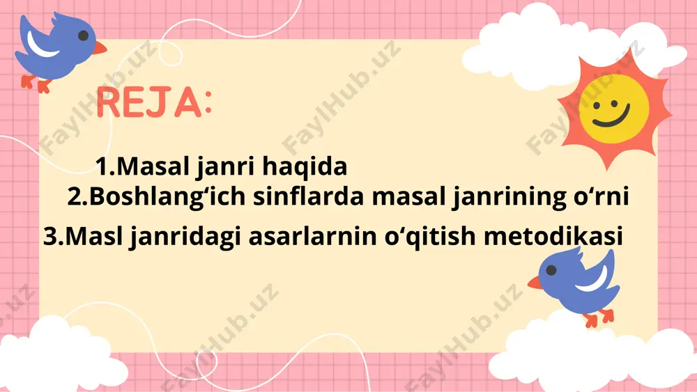 iqni to’ldiradi. masalning, avvalo, ixchamliligi, tilining qisqa va lo’ndaligi, soddaligi, o’tkirligi va xalqchilligi bola hissiyotiga qattiq ta’sir qiladi. bular o’quvchilar nutqini o’stirishda ham muhim material hisoblanadi. masal qahramonlarining xatti- harakatlari, fe’l-atvorlari, nutqiy o’ziga xosliklari o’quvchining diqqatini o’ziga jalb qiladi. masallarda yashiringan o’tkir kinoya, voqealarning tez- tez o’rin almashinib turishi uni bir maromda o’qishga xalaqit beradi. shuning uchun ifodali o’qishga yetarli malaka hosil qilmagan o’quvchi avval matn bilan yaxshilab tanishib chiqishi lozim. etiboringiz uchun rahmat