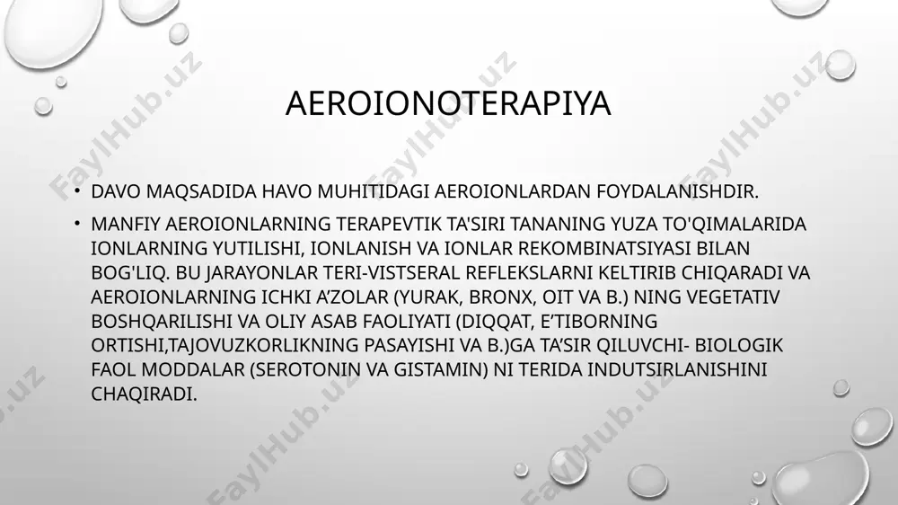 kamaytiradi. davo samarasi. metabolik, immunostimullovchi, bronxlarni drenajlovchi, vazoaktiv, bakteritsid ta’sir ko’rsatadi. ko'rsatmalar. yengil va ko’p qo’zimaydigan bronxial astma, o'pkaning surunkali obstruktiv kasalligi, nofaol o'pka sili, bronxoektaz kasalligi, o'pkaning professional kasalliklari, periferik asab (paresteziya, giperesteziya, nevralgiya, miozit) va yurak-qon tomir tizimi kasalliklari(gipertonik tipli neyrosirkulyar distoniya, gipertoniya kasalligi i-ii daraja), nevrasteniya, uyqu buzilishi. qo'llash mumkin bo'lmagan holatlar. depressiv holatlar, markaziy asab tizimining organik kasalliklari, miokard infarktidan keyingi holat, o'tkir serebrovaskulyar holat, o'tkir davrda pnevmoniya, yaqqol o’pka emfizemasi, tez-tez takrorlanuvchi va qattiq xurujli bronxial astma, revmatoid artrit (o'tkir davrda), ionlashtirilgan havoga sezgirlik . parametrlar. terapevtik maqsadda ko’pincha “aerovi-on” qurilmasi yordamida olingan manfiy aeroionlari ishlatiladi. yorug'likning terapevtik dozasi 1-1,5x10 11 ionni tashkil qiladi texnika. nurlantiruvchi elektrod bemordan 15-30 sm masofada joylashtiriladi va yuz, yoqa va yuqori nafas yo'llariga ta'sir ko'rsatiladi. uskunalarning chiqish kuchlanishiga qarab muolajalar dozalanadi. muolajaning davomiyligi har kuni yoki kunora 10-20 minutni tashkil qiladi; davolash kursi 15-20 muolajani tashkil etadi. aerozolterapiya aerozolterapiya …