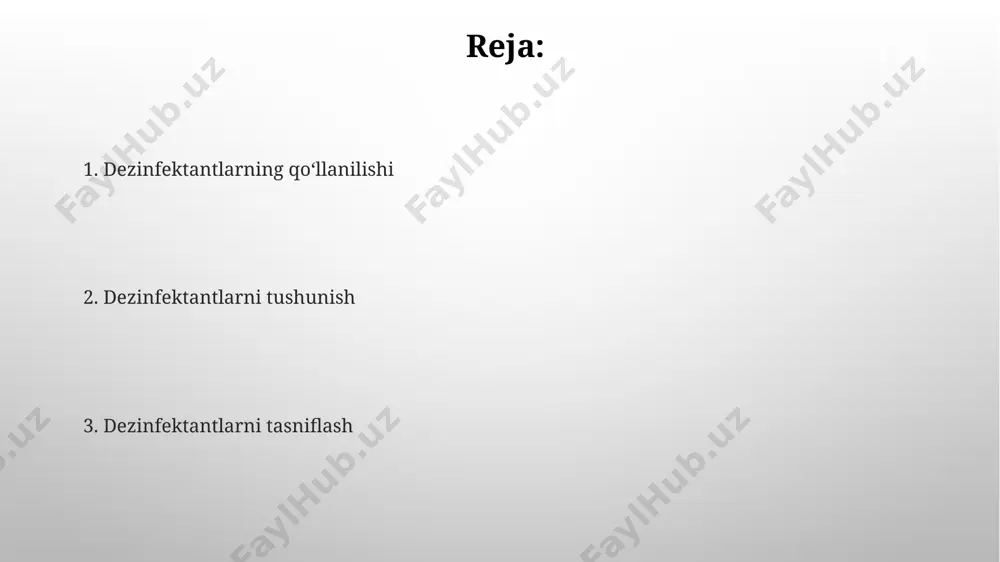 dagi tibbiyot asboblarini sterillashda muhim ahamiyat kasb etadi. dezinfektsiyalash jarayonida 5% li xlor eritmasini tayyorlashda 500 ml suvga 25 gr xlor qo'shiladi va bu eritma toshkentdagi shifoxonalarda yuzalarni dezinfektsiyalashda qo'llaniladi. kimyoviy dezinfektantlar fenol va uning hosilalari, 1-5% li eritmalar shaklida, bakteritsid va fungitsid xususiyatlariga ega bo'lib, jahon sog'liqni saqlash tashkiloti tavsiya qilgan dezinfektantlar qatoriga kiradi. glutaraldegid, 2% li eritmasi tibbiyot asbob-uskunalarini sterillash uchun ishlatiladi va aqshda fda tomonidan tasdiqlangan. dezinfektantlarning klassifikatsiyasi dezinfektantlarning ta'sir mexanizmi bo'yicha tasnifi 3 ta asosiy guruhni o'z ichiga oladi: oqsil denaturatsiyasi, hujayra membranasini buzilishi va nuklein kislotalarga ta'siri, bu esa ularning samaradorligiga va maqsadli mikroorganizmlarga nisbatan selektivligiga ta'sir qiladi. dezinfektantlarning kimyoviy tuzilishiga ko'ra klassifikatsiyasi 5 ta asosiy guruhga bo'linadi: fenollar, aldegidlar, spirtlar, xlorli birikmalar va kvaternеr ammoniy tuzlari, ularning samaradorligi mikroorganizmlar turiga va konsentratsiyasiga bog'liq bo'lib, jahon sog'liqni saqlash tashkiloti (jsst) tomonidan tavsiya etiladi. fizikaviy dezinfektantlar o'zbekistondagi ba'zi bir suv tozalash inshootlarida 100 litr suv uchun …