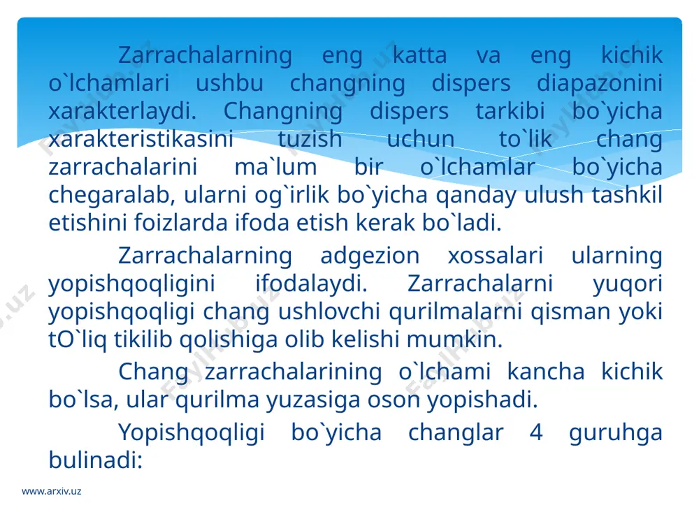 zalashga qadar oqava suv bir hafta tindiriladi. buning uchun bakteriyalarni yo`q qiluvchi xlor, ozon foydali ravishda qo`llab boriladi, lekin bu moddalar viruslarga ta`sir ko`rsatmaydi. viruslar bakteriyalar yordamida yo`q qilinadi, so`ngra filtrlash va sterilizatsiyalash orqali suvdan ajratiladi. so`ngra oqava suv to`siqli fil`tr orqali dag`al qayta ishlanadi, ya`ni yirik zarralar ajratiladi, ular maydalanib, suspenziya ko`rinishida oqava suvni to`plamiga qaytariladi. navbatdagi bosqichda oqava suv moddalarni ajratish uchun tankka yuboriladi, (tankda suv yuzasida qalqib yurgan yoki tubida cho`kkan moy va yog`lar ajratiladi), so`ng cho`kmani yig`ish ko`pikni ajratishga mos qurilma bilan ta`minlangan silindr tuzilishli birlamchi cho`ktirgichga kelib tushadi. oqava suvlarni birlamshi va ikkilamchi qayta ishlash www.arxiv.uz bakterial tozalash tanki to`g`riburchakli yoki silindr tuzilishga ega bo`ladi. suv qatlami balandligi 3,5-7 m.ni tashkil etadi; havo ventilyator yordamida beriladi hamda diffuzor orqali taqsimlanadi yoki g`ovaksimon membrana orqali ham o`tkaziladi. havo sarfi avtomatik ravishda potentsiometr yordamida aralashma miqdoriga bog`liq holda boshqariladi. qayta ishlash vaqti odatda 1,5-3 soat. qoldiq chukma …