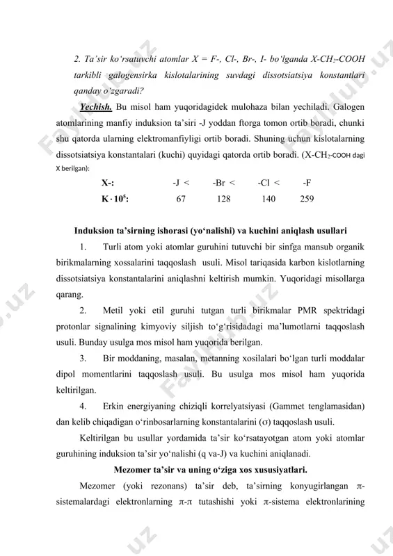uvchi guruxlaning mezomer ta’siri kamayadi, chunki elektronlarning tutashish tekisliklari (koplanarligi) o‘zgaradi. bu esa molekulaning qutiblanishiga va boshqa fizik va kimyoviy xossalariga o‘z ta’sirini ko‘rsatadi. masalan, nitrobenzol va dimetilanilin xosilalarining dipol momentlari quydagi qatorda kamayib boradi : 3.95 d 3.64 d 1.58 d 1.03 d koplanarlikning buzilishi fazoviy qarshilik tufayli c-n bog‘i atrofida burilish bilan sodir bo‘ladi. х( -n(ch3)2, -och3 va –no2 bo‘lganda birikmalardagi bunday burilish mos ravishda 65, 49 va 54 ni tashkil kiladi. bunday burilish natijisida mezomer ta’sir 58 %, 35 % va 41 % ga kamayadi. burilishni rentgenstruktura analizi hamda ub-spektorlari tasdiqlaydi. mezomeriya va reaksion markazning ko‘chishi molekulada atomlar yoki guruxlarning bir-biriga mezomer ta’siri tufayli reaksiyaga kirishayotgan molekula tarkibidagi faol reaksion markazning qochishi sodir bo‘ladi. boshqacha so‘z bilan aytganda reaksiyaga kirishishi kerak bo‘lgan markaz mezomeriya tufayli, reaksiyaga kirishmay, molekulaning boshqa qismida reaksion markaz paydo bo‘ladi va reaksiyaga kirishadi. kutilgan reaksiya o‘rniga boshqa rayeksiya sodir bo‘ladi. misollar. 1. п-nitrozo-n,n-dimetilanilinga …