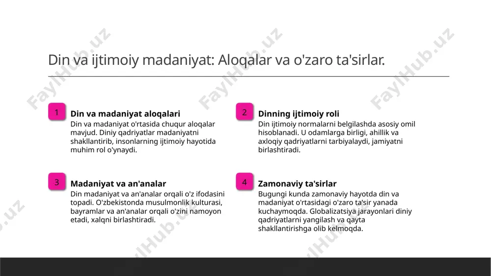 rida o'zgarib bormoqda, bu esa yangi ijtimoiy me'yorlar va qadriyatlarni keltirib chiqaradi. ijtimoiy normlarning diniy qadriyatlar bilan uzviyligi: o'zbekiston misolida. 1 diniy qadriyatlar o'zbekistonda diniy qadriyatlar, asosan, islom diniga asoslanib, jamiyatning axloqiy va ma'naviy asoslarini shakllantiradi. bu qadriyatlar ijtimoiy hayotda muhim o'rin egallaydi. 2 ijtimoiy normlar ijtimoiy normlar, o'z navbatida, jamiyatda qabul qilingan qoidalar va me'yorlardir. ular diniy qadriyatlar bilan chambarchas bog'liq bo'lib, hayot tarzi va munosabatlarni belgilaydi. 3 o'zaro ta'sir diniy qadriyatlar va ijtimoiy normlar o'rtasidagi o'zaro ta'sir, o'zbekiston jamiyatida xulq-atvor va an'analar rivojida muhim rol o'ynaydi, ijtimoiy barqarorlikni ta'minlaydi. 4 misollar o'zbekistonda nikoh, oilaviy qadriyatlar va jamoaviy bayramlarda diniy elementlar ko'zga tashlanadi. bu, ijtimoiy normlarning diniy qadriyatlar bilan qanday uyg'unlashganini ko'rsatadi. dinning ijtimoiy normlarga ta'siri: tarixiy va zamonaviy aspektlar. 1 dinning ijtimoiy normlarga ta'siri din ijtimoiy normlarni shakllantirishda muhim rol o'ynaydi, jamiyatdagi qadriyatlar va me'yorlarni belgilab beradi, bu esa ijtimoiy barqarorlikni ta'minlaydi. 2 tarixiy kontekst tarix davomida din …