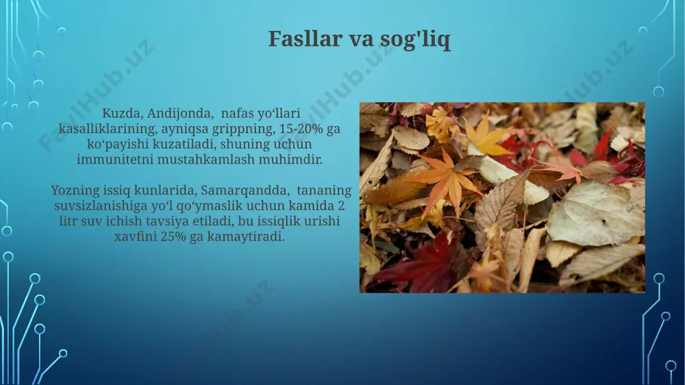 vodiysida esa 25°c atrofida bo‘lib, havo harorati o'zgarishi 5°c ni tashkil etadi, bu mavsumning noyob xususiyatlaridan biridir. qish mavsumida, samarqandning tog‘li hududlarida qorning qalinligi 30 sm dan oshib ketishi, pasttekisliklarda esa 5 sm atrofida bo‘lishi, geografik joylashuvning ta'siridan dalolat beradi. musiqada fasllar ifodasi 18-asrda yevropa musiqasida, ayniqsa, antonio vivaldi ning “fasllar” to‘plami 4 ta faslni – bahor, yoz, kuz va qishni – 4 ta kontsert shaklida ifodalaydi, har biri 3 qismdan iborat bo‘lib, 12-tonaliy sistemaning elementlaridan foydalaniladi. yaponiyaning “gagaku” musiqasi kabilarida fasllar ifodasi, 500 yildan ortiq tarixga ega bo‘lib, bambuk naylari va boshqa an’anaviy cholg‘u asboblaridan foydalangan holda, musiqiy obrazlar orqali 24 ta faslni ifoda etadi. hayotning yangilanishi va uyquga ketishi toshkent viloyatining cho'l hududlarida bahor faslida 30 dan ortiq turdagi o'simliklarning unib chiqishi, hayotning uyg'onishining ajoyib misolidir, ularning 15 tasi noyob hisoblanadi. o'zbekistonning 500 dan ortiq tog'li hududlarida, qish mavsumida 2000 metr balandlikdan yuqori joylarda qor qatlami 2 metrgacha …