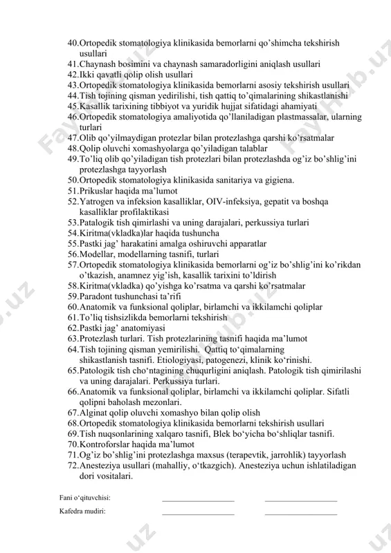 . chaynash bosimini va chaynash samaradorligini aniqlash usullari 42. ikki qavatli qolip olish usullari 43. ortopedik stomatologiya klinikasida bemorlarni asosiy tekshirish usullari 44. tish tojining qisman yedirilishi, tish qattiq to’qimalarining shikastlanishi 45. kasallik tarixining tibbiyot va yuridik hujjat sifatidagi ahamiyati 46. ortopedik stomatologiya amaliyotida qo’llaniladigan plastmassalar, ularning turlari 47. olib qo’yilmaydigan protezlar bilan protezlashga qarshi ko’rsatmalar 48. qolip oluvchi xomashyolarga qo’yiladigan talablar 49. to’liq olib qo’yiladigan tish protezlari bilan protezlashda og’iz bo’shlig’ini protezlashga tayyorlash 50. ortopedik stomatologiya klinikasida sanitariya va gigiena. 51. prikuslar haqida ma’lumot 52. yatrogen va infeksion kasalliklar, oiv-infeksiya, gepatit va boshqa kasalliklar profilaktikasi 53. patalogik tish qimirlashi va uning darajalari, perkussiya turlari 54. kiritma(vkladka)lar haqida tushuncha 55. pastki jag’ harakatini amalga oshiruvchi apparatlar 56. modellar, modellarning tasnifi, turlari 57. ortopedik stomatologiya klinikasida bemorlarni og’iz bo’shlig’ini ko’rikdan o’tkazish, anamnez yig’ish, kasallik tarixini to’ldirish 58. kiritma(vkladka) qo’yishga ko’rsatma va qarshi ko’rsatmalar 59. paradont tushunchasi ta’rifi 60. anatomik va funksional …