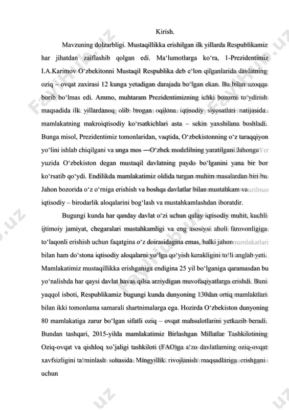 hlab chiqarish imkoniyati’ tushunchasiga ham o’rin ajratiladi. bobning oxirida keyingi qo’shilgan mahsulot va uning kamayib borishi, keyingi qo’shilgan mehnat va kapital unumdorligining pasayib borishi qonunining mazmuniga tegishli marjinalistik g’oyalar bilan tanishtiriladi. beriladigan mukofotiga sazovor bo’lgan 14 ta davlatdan biri sifatida e‘tirof etildi1. mavzuning o’rganilganlik darajasi. bu borada o‘zbekistonning yetakchi olimlari a.v.vahobov, d.a.tadjibayeva, sh.x.xajibakiyev, to‘laxadjayeva m.m, urazaqov k.b, n.to‘xliyev, musayev h.n, zaynalov j.r, g‘ozibekov d.g‘, dustmuratov r, fayziyev sh, mamatov z.t, ilhomov sh.i, xudoyberdiyev a.x, a. o‘lmasov va boshqalar keng to‘xtalib, bu mavzuda o‘zlarining nomzodlik dissertatsiyalari, monografiyalari, o‘quv qo‘llanmalari, darsliklari va ilmiy maqolalarini chop ettirmoqdalar. ishning maqsadi va vazifalari. ushbu kurs ishining maqsadi – o‘zbekistonning jahon bozorida tutgan o‘rni, xorijiy davlatlar bilan olib borayotgan iqtisodiy aloqalari va eng muhumi mamlakatning jahon bozoriga kirib borishdagi muammolarini va ularnining sabalarini o‘rganib chiqishdan iborat. kurs ishining obyekti va predmeti. kurs ishining tadqiqot obyekti bo‘lib o‘zbekistonning eksport salohiyati, jahon bozorida taklif etadigan mahsulotlari va davlatning …