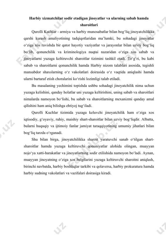 h, bu holatlarni qanday ifodalash mumkin? bular atrofimizdagi mavjud turli fakt va voqeliklarda ifodalanadi va ularni aniq bilish uchun bunday holatlarni quyidagi uchta guruhga ajratish maqsadga muvofiqdir: 1) shaxsning shakllanishiga ta’sir etuvchi salbiy sharoit va shuning oqibatida ushbu shaxsda jamiyatga qarshi tushunchalar, yomon xulq, salbiy yondashuv kabi jinoyatga yo‘l ochuvchi subyektiv qusurlar; 2) muayyan kimsaning shaxsida shakllanib bo‘lgan salbiy xususiyat va qusurlarning mavjudligi tufayli, huquq-tartibotning buzilishiga olib keluvchi va jamiyat manfaatlariga zid qarashlarga ega bo‘lgani uchun, u yoki bu nojo‘ya xatti-harakat va jinoyatni sodir etishga yo‘l ochuvchi aniq bir hayotiy vaziyatning mavjud bo‘lishi; 3) jinoyatning sodir etilishiga yordam beruvchi va jamiyat uchun zararli oqibatni yuzaga keltiruvchi holatlar. odamlar sodir etadigan va jamiyatga qarshi bo‘lgan nojo‘ya xatti- harakatlar bayon etilgan uchta holat natijasida kelib chiqadi. umuman olganda esa, bu holatlar yuqorida bayon etilgan jinoyatlar va nojo‘ya xatti- harakatlarni yuzaga keltiruvchi sabab hamda sharoitlarni ham o‘z ichiga oladi. shuningdek, bu holatlarni bayon …