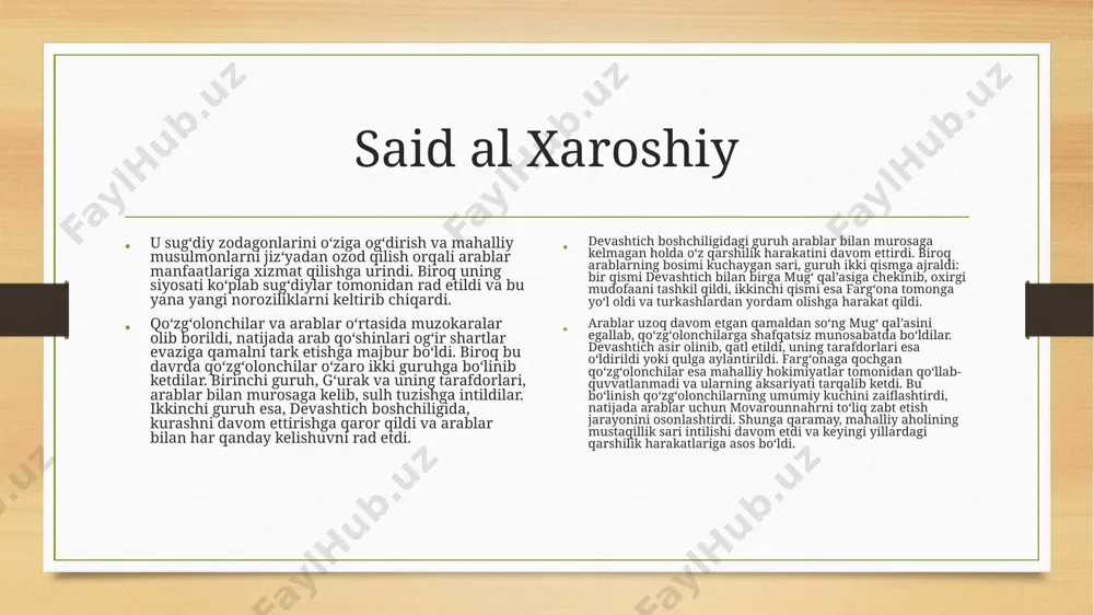 ramay, mahalliy aholining mustaqillik sari intilishi davom etdi va keyingi yillardagi qarshilik harakatlariga asos bo‘ldi. devashtich boshchiligidagi qarshilik harakati sug‘d hukmdori devashtich arablarning tazyiqlariga qaramay, o‘z mustaqilligini saqlab qolishga intildi. u arab istilosiga qarshi kurashda turkashlar bilan yaqin ittifoqchilik o‘rnatdi va samarqand hamda uning atrofidagi hududlarda arablar hukmronligiga qarshi harakatlarni qo‘llab-quvvatladi. shu davrda xuroson noibi said al-xaroshiy tomonidan devashtichga maktub yo‘llangan bo‘lib, unda unga taslim bo‘lish va arab hokimiyatiga bo‘ysunish taklif etilgan edi. devashtich bu taklifni rad etdi va o‘zining qarshilik harakatini davom ettirdi. bu maktub arablarning sug‘diy hukmdorlarini bo‘ysundirishga bo‘lgan harakatlaridan biri bo‘lsa-da, devashtichning qat’iy pozitsiyasi mahalliy qarshilikning davom etishiga turtki berdi. arab qo‘shinlari devashtich qarorgohi joylashgan mug‘ qal‘asini uzoq davom etgan qamaldan so‘ng egallashga muvaffaq bo‘ldi. devashtich o‘z lashkarboshilari bilan arablar bilan muzokara olib borishga harakat qildi, biroq arablar hiyla ishlatib, uni asirga oldilar. 722 yilda u shafqatsizlarcha qatl etildi, uning tarafdorlari qattiq jazolandi. devashtichning o‘limi sug‘diylarning qarshiligini …