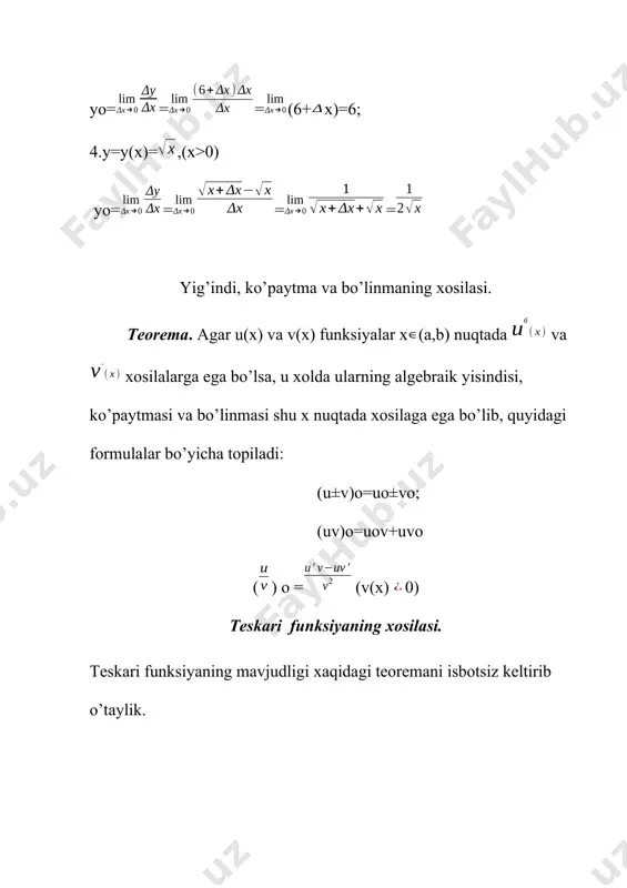 ada differensiallanuvchi bo’lsa, bu funksiyaning x [a,b] nuqtadagi hosilasi fo(x)= (1) tenglik bilan aniqlanar edi. limitning ta’rifiga ko’ra da nisbat fo(x) ga intiladi. boshqacha aytganda ular orasidagi farq cheksiz kichik miqdor bo’ladi. shuning uchun =f о(х)+у=f о(х)-х+ х ( да ). bundan ko’rinadiki funksiya orttirmasi u ikkita qo’shiluvchidan iborat bo’lar ekan. shularning birinchisi fo(x) x ga funksiyaning differensiali deyiladi va dy orqali belgilanadi. dy=fо(х) х (2) desak (2) dan dх=хох dх=х ekanligini e’tiborga olsak, dу=f о(х)dх (3) yoki =f о(х) (4) (4) dan ko’rinadiki f о(х) xosilani funksiya differensialining argument differensialiga nisbati deb qarash mumkin ekan. differensialning asosiy hossalari. 1.dc=0(c-o’згармас) 2..d(cу)=cdy 3.d(u+v)=du+dv 4.d(uv)=vdu+udv 5. d() = (v(х) 0) differensialning taqribiy xisoblarga tatbiqi. agar y=fo(x)= chekli limit mavjud bo’lsa, y=fо(х) х+ х (х0 да chекsiz кichiк funksiya) yoki y=dy+ х =1+=1+ =1+ =(1+ )=1 y dy f(х+х)-f(х)f о(х) х yoki y(х+х)y(х)+y о(х) х misol. sin 310= sin (300+10)= sin (+); х=; …