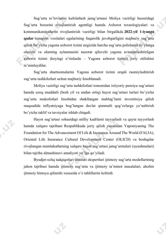 bo’ladi. ushbu strategik maqsadlarga hamma uchun teng imkoniyat yaratadigan yuqori iqtisodiy o’sish hisobiga erishiladi” deya ta’kidlagani bejiz emas, albatta. kambag’allikni qisqartirish uchun amalga oshirilayotgan chora-tadbirlar davomida aholining ehtiyojmand qismi manzilli qo’llab-quvvatlanadi, zaruriy ijtimoiy ta’minot bilan qamrab olinadi. 2021 yildan boshlab vaqtincha ishsizlik nafaqasi 3 barobar oshirilishi va bunda 6 ta hujjat talab etiladigan eski byurokratik tartibning bekor qilinishi ijtimoiy himoyani yanada kuchaytirishga e’tibor qaratilayotganining yaqqol misollaridan biridir. rivojlangan mamlakatlarda ijtimoiy himoyani tashkil qilishda ijtimoiy sug’urta tizimlari muhim rollardan biri sifatida qaraladi. har bir mamlakatda fuqarolarning ijtimoiy sug’urtasi o’zining shakllanishi va rivojlanishining tarixiy yo’lidan o’tdi, ammo ularning rivojlanishi uchun qo’yilgan vazifalarning barcha o’xshashligi bilan ularni hal qilish usullari va yondashuvlari sezilarli darajada farq qiladi. ijtimoiy sug’urta davlat ijtimoiy siyosatining asosiy qismidir. mamlakatda rivojlangan ijtimoiy sug’urta tizimi fuqarolarga samarali himoya mexanizmlarini taqdim etadi va shu bilan birgalikda iqtisodiy barqarorlikni ta’minlaydi va jamiyatda ijtimoiy birdamlik muhitini yaratadi. bugungi kunda bir-biridan tuzilishi bilan ham, …