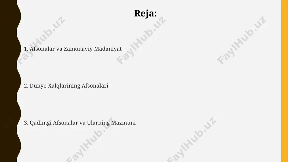 a olam – insoniyat va xudolar olami oʻrtasidagi munosabatlarni aks ettiradi. gilgamesh eposi – mesopotamiya adabiyotining eng mashhur asarlaridan biri boʻlib, unda 12 ta mehnatdan oʻtgan va oʻlimsizlikka intilgan qahramonning sarguzashtlari bayon etilgan. anu, enlil va enki kabi kuchli xudolarning mavjudligi va ularning olamni boshqarishi, mesopotamiya afsonalarida insoniyatning taqdiri va tabiat hodisalarini tushuntirishga xizmat qilgan. hind afsonalari ramayana va mahabharata – hind afsonalarining eng mashhur ikki dostonidir. ular jami 200 000 dan ortiq shlokni o'z ichiga oladi va qahramonlik, sevgi, adolat kabi insoniy qadriyatlarni aks ettiradi. hind afsonalarida reenkarnatsiya (qayta tug'ilish) tushunchasi muhim o'rin tutadi. karma tizimiga ko'ra, odamlar o'z xatti-harakatlariga yarasha 4 ta turli kastaga bo'linadi va qayta tug'ilish jarayoni davom etadi. hind afsonalarida 33 ta xudo va xudolar oilasi, ularning har biri o‘ziga xos vazifa va kuchga ega ekanligi tasvirlangan. masalan, brahma yaratish, vishnu saqlash, shiva esa vayron qilish bilan shug'ullanadi. afrikaning afsonalari afrikalik xalqlar orasida 3000 yildan …