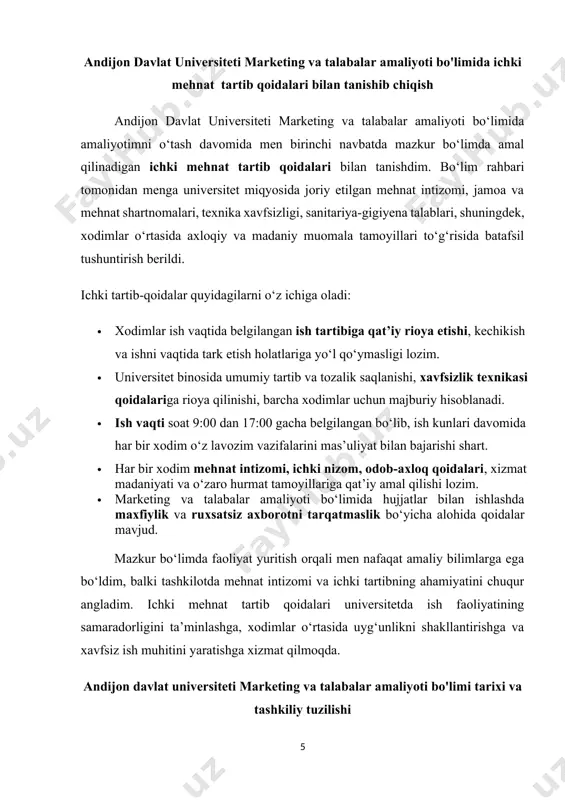 i. bo‘lim tuzilmasi quyidagi asosiy yo‘nalishlar bo‘yicha shakllantirilgan: 1. marketing bo‘limi – oliy ta’lim xizmatlariga bo‘lgan talabni o‘rganish, bozor tahlili o‘tkazish, reklama va pr strategiyalarini ishlab chiqish bilan shug‘ullanadi. 2. talabalar amaliyoti sektori – talabalar uchun o‘quv, ishlab chiqarish va pedagogik amaliyotlarni tashkil etish, hamkor korxonalar bilan amaliyot shartnomalarini tuzish, monitoring olib borish ishlarini amalga oshiradi. 3. bitiruvchilarni ishga taqsimlash sektori – bitiruvchi talabalarni mehnat bozoriga chiqishiga ko‘maklashadi, ish beruvchilar bilan uchrashuvlar, yarmarkalar tashkil etadi. 4. axborot bazasi va monitoring sektori – bitiruvchilarning ishga joylashuvi bo‘yicha statistik ma’lumotlarni yuritish, tahlil qilish, vazirliklarga hisobot tayyorlash bilan shug‘ullanadi. andijon davlat universiteti marketing va talabalar amaliyoti bo‘limi nafaqat talabalar uchun sifatli amaliy tajriba maydoni, balki universitetni bozor bilan chambarchas bog‘lovchi strategik markaz sifatida faoliyat yuritadi. bo‘lim o‘z faoliyatida mehnat bozori tendensiyalarini chuqur tahlil qilib, bitiruvchilarning kasbiy muvaffaqiyatiga zamin yaratmoqda. oliy ta’lim muassasasining marketing xizmati bo‘limi o‘zbekiston respublikasi konstitutsiyasi, “ta’lim to‘g‘risida”gi qonun o‘zbekiston respublikasi …