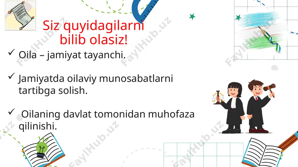 idlari, baxti saodati hamda tinchlikni bog‘laydigan maskan oilaning mustahkam bо‘lishiga qaratishdir jamiyatda oilaviy munosabatlarni tartibga solish oila munosabatlarini huquqiy tartibga solishning xususiyati tartibga solish predmeti bilan bevosita bog‘liqdir. chunki, oila o‘z-o‘zicha va bevosita bunday tartibga solishning predmeti bo‘la olmaydi. shu sababli davlat faqatgina oilada vujudga keladigan munosabatlarnigina qonun hujjatlari orqali tartibga soladi hamda oila kodeksida nazarda tutilgan huquq va majburiyatlarning vujudga kelish shartlari va tartibini belgilaydi. oila munosabatlarini tartibga solishning ta’sir doirasiga quyidagilar kiradi: – nikoh tuzish, nikohning tugatilishi (tugashi) va uni haqiqiy emas deb topish shartlari va tartibi; – oila a’zolari: er-xotin, ota-ona va bolalar (farzandlikka oluvchilar va farzandlikka olinganlar) o‘rtasidagi, oila to‘g‘risidagi qonun hujjatlarida nazarda tutilgan hollarda va doirada esa qarindoshlar hamda o‘zga shaxslar o‘rtasidagi shaxsiy nomulkiy va mulkiy munosabatlar; – ota-ona qaramog‘idan mahrum bo‘lgan bolalarni oilaga olish shakl va qoidalarini, fuqarolik holati dalolatnomalarini qayd etish tartibi (oila kodeksining 5-moddasi). oilaning davlat tomonidan muhofaza qilinishi. o’zbekiston respublikasi oila …