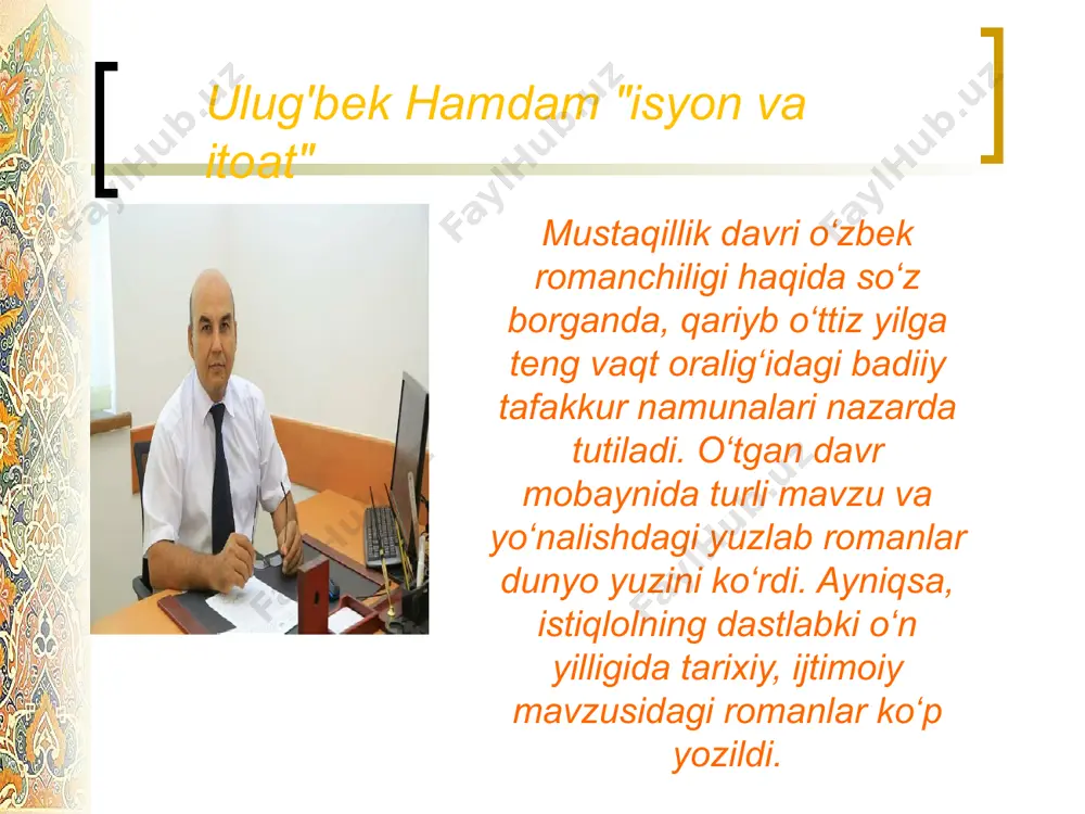 n tayin qilingan taqdirni bandai mo’min kabi jimgina, beso’rog’u betaftish qabul aylab ketolmaydilar, yo’q! bunday tutimning gunoh ekanligi ich ichdan anglab, his etib turadilar. ammo nima qilsinlarki, o’z botinlarida yashirinib olib, har kuni, har odimda “nega, nima uchun?” deya odamiyzodning lavhu mahvuzda bitilgan taqdiri avra-astarini ag’darib ko’rayotgan ichkimendan, uning xurujlaridan asrana olmaydilar. ular uch avlod vakillari. qariya, o’rta yoshli erkak va yosh yigit. tog’dan oqib tushayotgan suvning shiddati tobora ortgani yanglig’ tabibdan boshlangan isyon olovi akbarda gurillab yonadi, iskandarda esa yana avjlanadi. romanda isyonga teng keladigan, uning oqish shiddatini o’ziga qabul qilib, yuvosh tortiradigan boshqa bir kuch borki, ismi itoat. biroq isyondan itoatga qadar uloqqan yo’l umrlarga tatigulikdir. bu yo’lda har kim o’z qismati ila yolg’iz qoladi. garchi ustozlar o’giti yangrab tursada, baribir, asar qaxramonlari o’z vujudlaridagi isyon gulxanida batamom kuyib kul bo’lmaguncha itoat farog’atini totolmaydilar ulug'bek hamdam "isyon va itoat" bu dunyodagi - tevarak-atrofdagi, qahramon yashab turgan muhitdagi qabohat, …