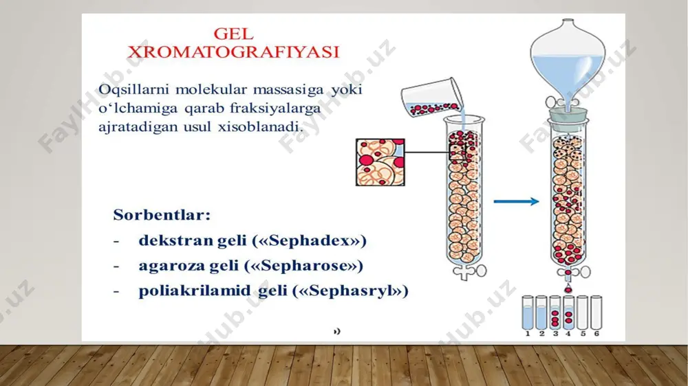 biospetsifik xromatografiya deyiladi. ma’lumki barcha biologik faol birikmalar, xususan fermentlar ham ligandlar yoki affinli ligandlar deb nomlanadigan birikmalarga maxsus bog’lanish xususiyatlariga egadir. agarda shunday ligandlarni inert matritsaga kovalent bog’lansa faqat kerakli fermentni ushlovchi va qolgan oqsil va moddalarni o’tkazib yuboruvchi maxsus adsorbentni olish mumkin. maxsus yuvuvchilardan yoki jarayon sharoitlari farqi asosida ligandni fermentga bo’lgan xususiyatini o’zgartirish yo’li bilan oqsilni desorbtsiyaga uchratib, tozalash natijasida bitta yuqori tozalikka ega bqlgan fermentni olish mumkindir. lekin ligand va uni ushlab turuvchini tanlash juda qiyin vazifadir. ko’pchilik hollarda affinli adsorbentlarni sintez qilishda tozalanayotgan fermentning xususiyatlarini 25 e’tiborga olish kerak. bu jarayon boshqa qiyinchiliklarga ham ega. masalan, sorbent yuqori spetsifiklikka ega bo’lmay kerak bo’lmagan boshqa fermentlarni ham ushlab qolishi va natijada fermentni bu murakkab kompleksdan ajratib olishni qiyinlashtirishi ham mumkin. image2.jpeg image1.jpg /docprops/thumbnail.jpeg