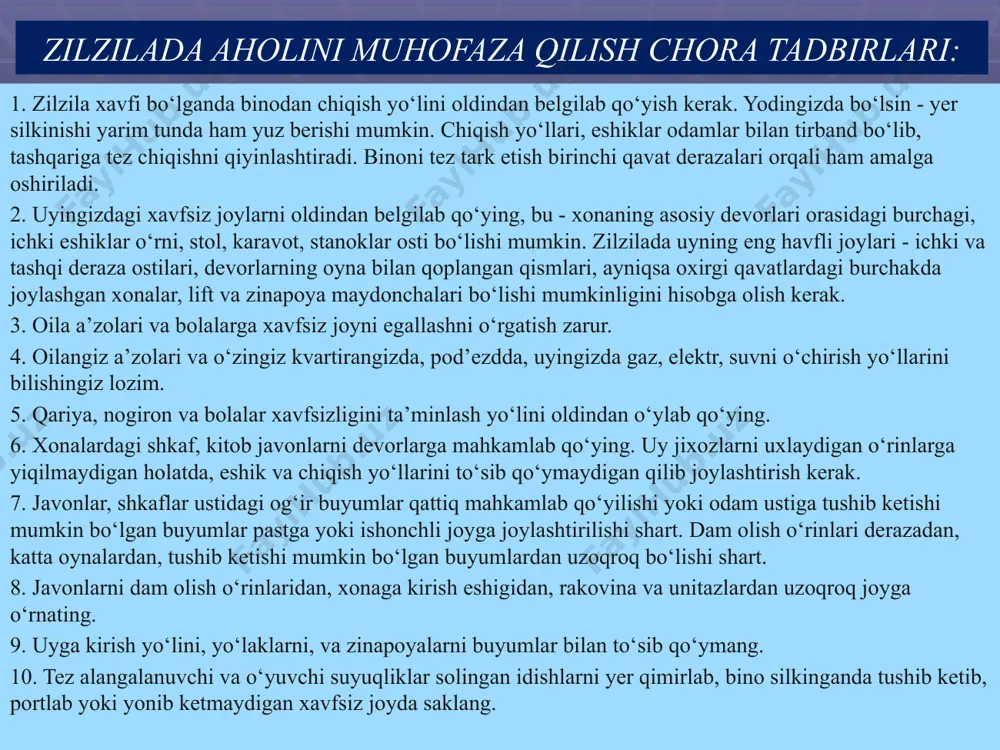 ar xavfsizligini ta’minlang, ruhiy dalda bering. 3. yengil buyumlar ostida qolganlarga yordam bering. ehtiyot bo‘ling. qo‘shimcha tibbiy yoki boshqa yordamga xojat bo‘lsa yordam kelguncha kuting. 4. yong‘in o‘chog‘ini sezsangiz, iloji boricha o‘chirishga harakat qiling. 5. elektr simlarini uzilmaganligini tekshirib ko‘ring. buzilgan joyini tuzatishga harakat qiling yoki elektr tarmog‘ini o‘chirib qo‘ying. 6. suv tarmog‘ini tekshirib chiqing. agar buzilgan bo‘lsa, tuzatishga harakat qiling yoki tarmoqdan uzib qo‘ying. 7. gaz tarmog‘ini jumragidan berkitib qo‘ying, agar gaz tarqalish xavfi mavjud bo‘lsa, uni hididan aniqlang, gugurt yoki shamdan foydalanmang. 8. kanalizatsiya quvuridan foydalanishdan oldin, uning sozligini bino ichida, yerto‘lada tekshirib ko‘ring. 2.ko‘chki vaqtida harakatlanish qoidalari: ko‘chki ehtimoli yuzaga kelganligi to‘g‘risidagi signalni olgach, elektr asboblari, gaz va suv tarmog‘ini o‘chiring, avvaldan ishlab chikilgan rejaga asosan zudlik bilan o‘tkaziladigan evakuatsiyaga tayyorlaning. ko‘chki joyi va tezligidan kelib chiqib harakat qiling. ko‘chki surilishi sekin harakatlanayotgan bo‘lsa, imkoniyatdan kelib chiqib, xavfli hududda qolishi mumkin bo‘lgan binolarni tark eting, mebel, buyumlarni …