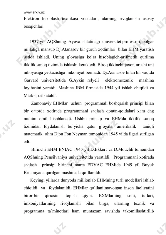 larni misol keltirish mumkin: minsk-22, minsk-32, ural-14, razdan-3, m-220, besm-6, mir, nairi va boshqalar. ushbu mashinalar texnik jihatdan takomillashtirildi. ularda masalalarni programmalashtirishdek o`ta mehnattalab jarayonlarni amalga oshiruvchi matematik- programma tuzuvchilar mehnatini jiddiy kamaytirish imkoniyatini yaratuvchi avtomatik programmalashtirish ham takomillashtirilib borildi - algoritmik tillar qo`llanila boshlandi. uchinchi avlod ehmlarning (1970-1980 yy) element bazasini integral sxemalar (is) tashkil etadi. is funksional tugallangan blokdan iborat bo`lib, o`zining mantiqiy imkoniyatlari bilan ancha murakkab tranzistorli sxemaga ekvivalentdir. integral sxemalarni ishlatish tufayli mashinalarning texnik va ekspluatatsion xarakteristikalarini bir qadar yaxshilashga erishish mumkin bo`ldi. jumladan, uchinchi avlod ehmlarining tezkorligi, xotira sig`imi,ishonchlilik darajasi ahamiyatli darajada oshganligi hamda elektr quvvatini iste`mol qilish hajmi , massasi, o`lchami kamayganligi o`ta muhimdir. ushbu avlod ehmlari konstruksiya jihatidan namunali modullardan tashkil topgan bo`lib, ular elementlarning juda zich joylashtirilishini, turli xalaqitlardan himoya qilinishini hamda mexanik va iqlimiy ta`sirlarga nisbatan chidamli bo`lishini ta`minlaydi. ehmlarning matematik ta`minoti yanada takomillashtirildi va mashinani samarali ishlashini ta`minlaydigan operatsion tizimlar …