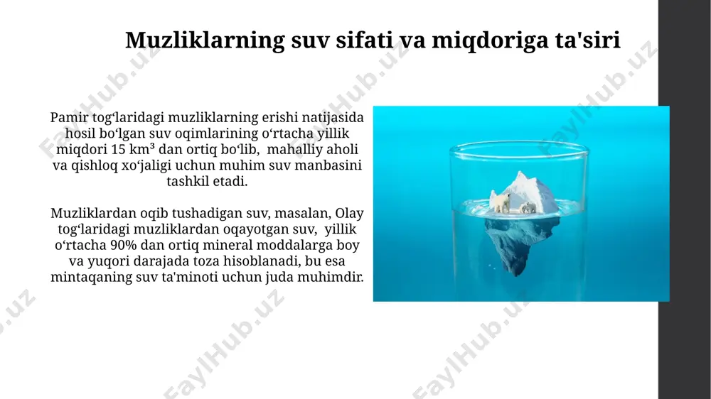 lar, 150 ga yaqin qushlar turining koʻpayishi va koʻchib yurishi uchun muhim ahamiyatga ega boʻlib, ularning biologik xilma-xilligini qoʻllab-quvvatlaydi. muzliklar va suv etishmovchiligi markaziy osiyodagi 2050-yilga kelib muzliklarning 30% ga kamayishini bashorat qilish, viloyatlarning suv xavfsizligi uchun katta tahdid hisoblanadi. pomir togʻlaridagi muzliklarning 2000-yillardan beri 10% ga qisqarishi, qirgʻiziston va tojikiston kabi mamlakatlarda suv tanqisligiga olib kelmoqda. muzliklar va sanoat muzliklarning erishi o'zbekistonning amudaryo havzasidagi suv ta'minotining 15-20% gacha kamayishiga olib kelishi mumkin, bu qishloq xo'jaligi va sanoat uchun jiddiy tahdid soladi. tog'li hududlarda joylashgan gidroelektrik stansiyalar, masalan, farg'ona vodiysidagi geslar, muzliklarning erishi natijasida suv oqimining sezilarli darajada o'zgarishiga duch kelmoqda, bu esa energiya ishlab chiqarishning beqarorligiga olib keladi. muzliklarni monitoring qilish hindistonning himoloy tog‘laridagi muzliklarni kuzatishda qo‘llaniladigan sun'iy yo‘ldosh ma'lumotlari tahlili, 1975 yildan 2020 yilgacha bo‘lgan davrda muzliklar hajmining 25% ga kamayganligini aniqladi, bu esa mintaqadagi suv ta'minotiga jiddiy tahdid soladi. muzliklarning erishi tezligini aniqlash uchun o‘zbekistonning pomir tog‘laridagi …