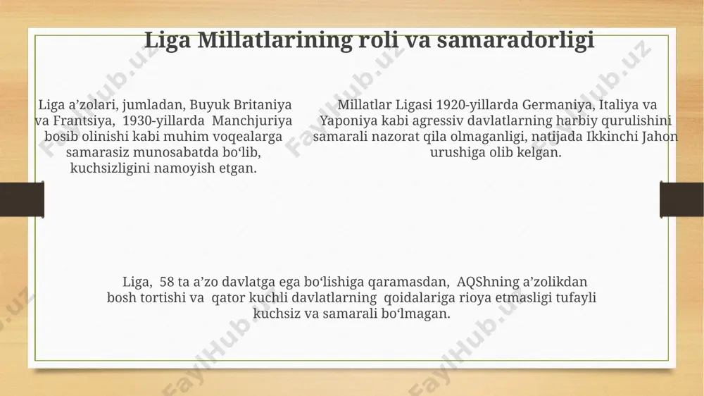 vlarni o'z ichiga oldi va qurol-yarog' eksportini taqiqladi. 1920-yillardagi qo'shma shtatlarning izolyatsionizm siyosati, birinchi jahon urushidan keyin 10 millionlab amerikaliklarning urushga qarshi kayfiyatiga bog'liq edi va bu “qaytish” kayfiyatini aks ettirdi. 1930-yillar davomida, buyuk depressiya sharoitida, amerika jamoatchiligi asosan global ishlarga aralashmaslikni, ya’ni atlantika va tinch okeanining ikkala tomonidagi voqealardan uzoqroq turishni afzal ko'rdi. e'tiboringiz uchun rahmat @taqdimot_robot image3.png image4.png