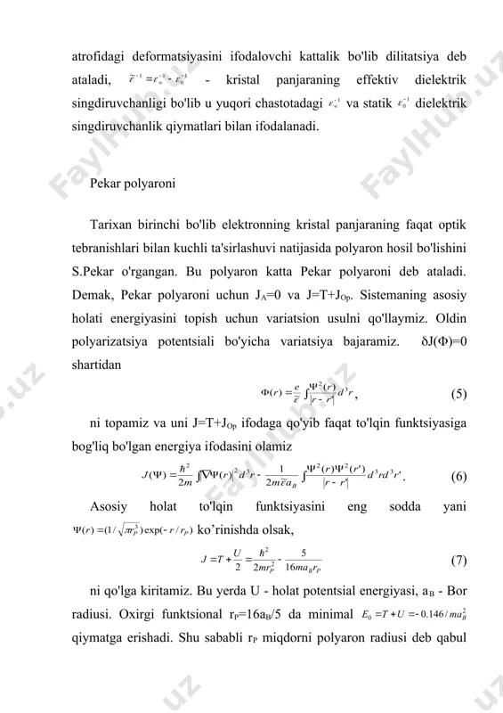 akatlanuvchi elektron bitta to'lqin vektorli va energiyali fonon hosil qiladi. holat to'lqin funktsiyasi . fononlar vakuumi va bir fononli holat orasidagi matritsa elementi ekanligini inobatga olib g'alayonlanish nazariyasiga binoan sistema energiyasini birinchi yaqinlashuvda (15) ko'rinishda yozamiz. juda sekin harakatlanuvchi elektron uchun bu ifoda oson hisoblanadi va natija bo'ladi. oxirgi ifodada birinchi had bu polyaron energiyasi, . polyaron o'zining zonasida m*=m/(1-(/6) (m(1+(/6) effektiv massali kvazizarra kabi harakatlanadi, yani uning massasi elektron massasidan katta! bu fenomenning sababi shundaki, elektron kristal panjarada harakati davomida fononlarni hosil qiladi va har doim shu fononlar "buluti" bilan qoplangan bo'ladi. fononlar "buluti" qobig'i elektronni sekinlashtiruvchi kuchdir, natijada elektron massasi ortadi. elektron va fononlar "buluti" to'liq bir sistema bo'lib polyaronni hosil qiladi. fryolix modeli shu fononlar "buluti" qalinligi yoki elektron atrofidagi, uni o'rab olgan, fononlar sonini hisoblash imkonini beradi. hisoblashlar bu miqdor uchun nph=(/2 ni beradi. natijadan xulosa shuki, fryolix konstantasi ( elektron atforidagi fononlar "qobig'i" yoki "buluti" …