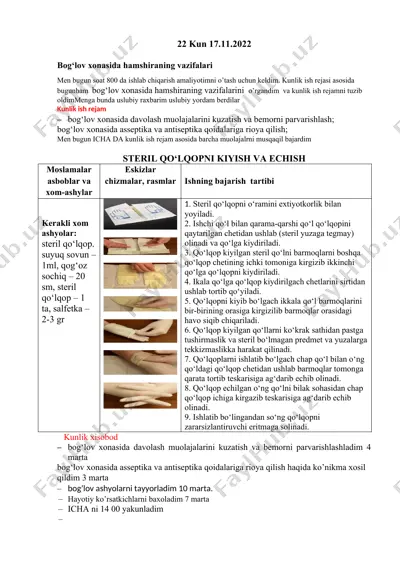 steril qo‘lqopni kiyish va echish — DOCX