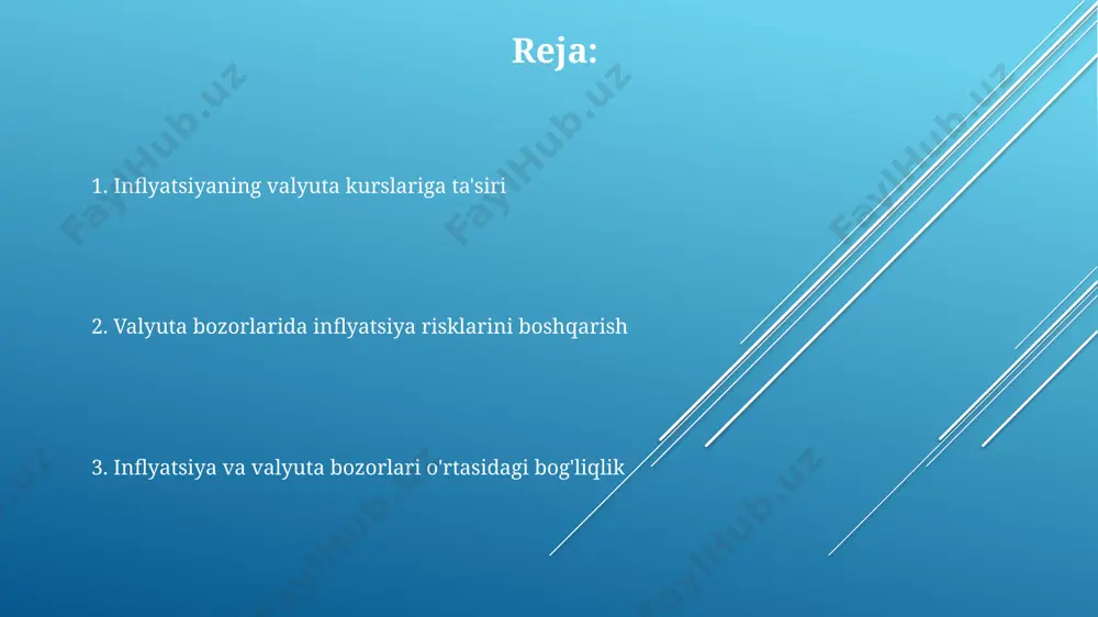 n, bu esa kreditlar qimmatlashuviga olib keladi. inflyatsiya va valyuta kursi o'rtasidagi korrelyatsiya koeffitsienti 0,7 dan yuqori bo'lishi mumkin, bu ularning o'zaro bog'liqligini ko'rsatadi. yuqori inflyatsiyaga ega bo'lgan mamlakatlarda milliy valyuta kursi 10-20% gacha pasayishi kuzatiladi, bu esa import qilinadigan tovarlarning narxini oshiradi. markaziy bankning inflyatsiyaga qarshi siyosati inflatsiyani pasaytirish uchun markaziy bank valyuta rezervlarini sotish orqali milliy valyuta kursiga qo'llab-quvvatlashni kuchaytirdi, bu esa inflyatsion bosimni kamaytiradi. markaziy bankning asosiy stavkani 15% dan 17% ga oshirish orqali inflyatsiyani 5% ga kamaytirishga urinishi, pul massasini nazorat qilish siyosatining bir qismidir. markaziy bankning majburiy zaxira talabini 10% dan 12% ga oshirish qarori tijorat banklarining kredit berish imkoniyatlarini cheklab, pul aylanishini sekinlashtirishga qaratilgan. inflyatsiya va qarzlar инфляция даврида 10% ли фоиз ставкасига эга бўлган қарзларнинг реал қиймати пасаяди, чунки инфляция юқори бўлганда, қарзни қайтариш учун зарур бўлган пулнинг харид қуввати камаяди. юқори инфляция шароитида узоқ муддатли қарзларнинг хавфи ортади, чунки қарзнинг реал қиймати …