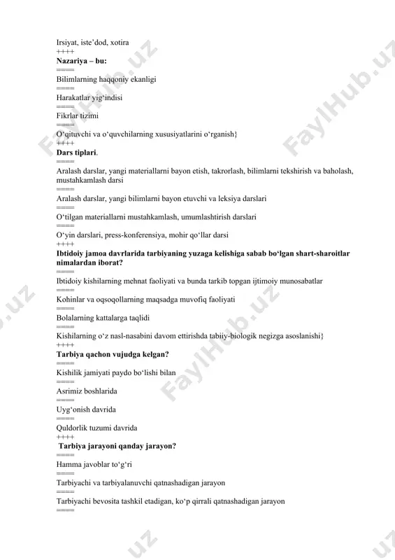 ? ==== ibtidoiy kishilarning mehnat faoliyati va bunda tarkib topgan ijtimoiy munosabatlar ==== kohinlar va oqsoqollarning maqsadga muvofiq faoliyati ==== bolalarning kattalarga taqlidi ==== kishilarning o‘z nasl-nasabini davom ettirishda tabiiy-biologik negizga asoslanishi} ++++ tarbiya qachon vujudga kelgan? ==== kishilik jamiyati paydo bo‘lishi bilan ==== asrimiz boshlarida ==== uyg‘onish davrida ==== quldorlik tuzumi davrida ++++ tarbiya jarayoni qanday jarayon? ==== hamma javoblar to‘g‘ri ==== tarbiyachi va tarbiyalanuvchi qatnashadigan jarayon ==== tarbiyachi bevosita tashkil etadigan, ko‘p qirrali qatnashadigan jarayon ==== tarbiyachi va tarbiyalanuvchi faoliyatlarini o‘z ichiga olgan ikki yoqlama jarayon ++++ «metod» so‘zining lug‘aviy ma‘nosini ko‘rsating? ==== metod grekcha so‘z bo‘lib, yo‘l, usul demakdir ==== ~metod lotincha so‘z bo‘lib, «vositachi» ma‘nosini bildiradi ==== ~metod inglizcha so‘z bo‘lib, «yo‘l ko‘rsatuvchi» degan ma‘noni bildiradi ==== tarbiyaning tarkibiy qismlari qaysi qatorda to‘g‘ri ko‘rsatilgan? ++++ barchasi to’g’ri ==== jimoniy, estetik ==== mehnat, huquqiy, iqtisodiy va boshqalar ==== aqliy, axloqiy, jinsiy ++++ modul nima? ==== modul lotincha …