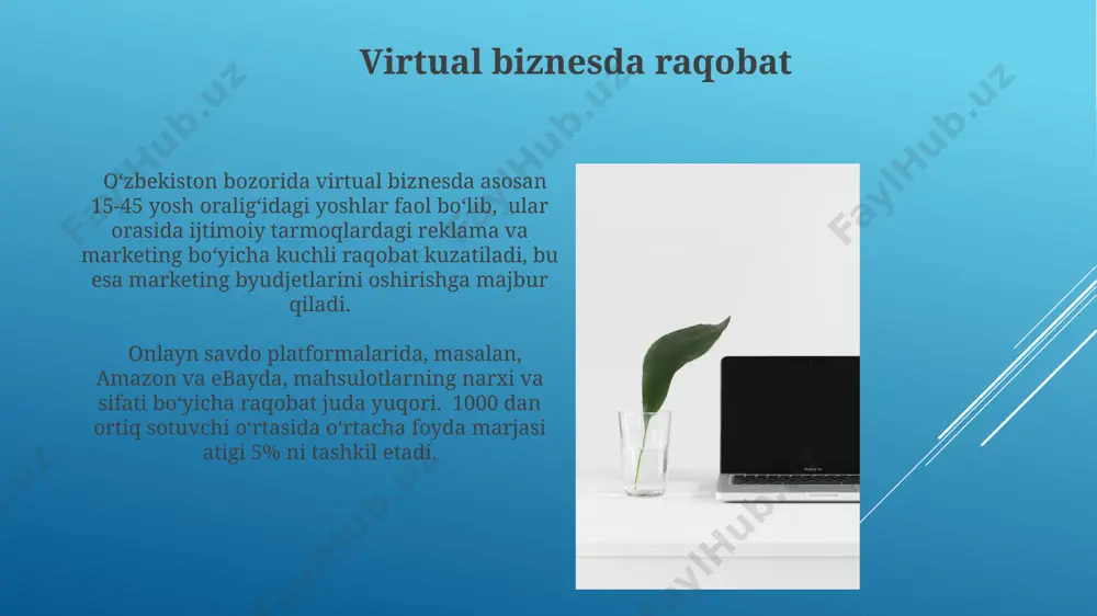 ida, tarkibiy marketing strategiyasini, ya'ni bloglar, videolar va infografikalarni qo'llash toshkentda keng tarqalgan va samarali usul hisoblanadi. virtual biznesning afzalliklari virtual biznes sizga 24/7, dunyoning istalgan burchagidan, masalan, toshkentdan yoki london’dan, mijozlar bilan ishlash imkoniyatini beradi, bu esa potentsial daromadni sezilarli darajada oshiradi. onlayn marketing vositalaridan foydalanib, 1000 dan ortiq potentsial mijozlarga bir necha soat ichida yetishish mumkin, bu esa marketing kampaniyalari samaradorligini sezilarli darajada oshiradi. muammolarni hal qilish va strategiyani o'zgartirish kutilmagan vaziyatlarga tezkor munosabat bildirish, masalan, tovar yetkazib berishda kechikish yoki server xatosi, virtual biznes muvaffaqiyati uchun hal qiluvchi ahamiyatga ega. buning uchun 3 ta tezkor javob rejasi va 24 soatlik texnik yordam ta’minlash muhim. virtual biznesda mijozlar bilan 24/7 aloqada bo‘lish imkoniyati, masalan, onlayn chat yordamida, jahonning istalgan nuqtasidan 1000 dan ortiq potentsial mijozga xizmat ko‘rsatish samaradorligini 30% ga oshirishi mumkin. e'tiboringiz uchun rahmat @taqdimot_robot image1.jpg image2.jpg image3.jpg image4.jpg image5.jpg image6.jpg image7.jpg image8.jpg image9.jpg image10.jpg image11.jpg image12.jpg …
