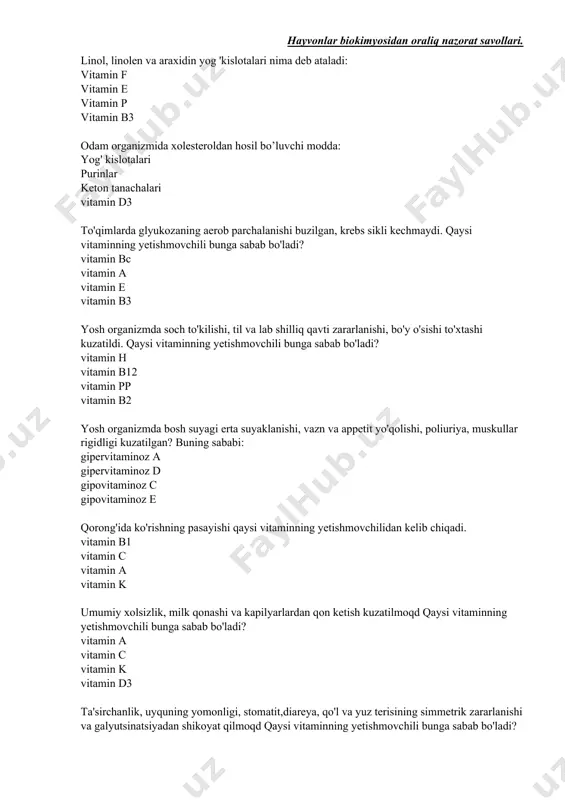 reduktazalar sinfi qanday reyaksiyalarni katalizlaydi: oksidlanish-qaytarilish molekulalararo atom va radikal guruhlar tashilishi molekulalarni suv yordamida parchalash qo’sh bog’li guruhlani biriktirish transferazalar qanday reyaksiyalarni katalizlaydi: molekulalararo atom va radikal guruhlar tashilishi oksidlanish-qaytarilish molekulalarni suv yordamida parchalash qo’sh bog’li guruhlani biriktirish gidrolazalar qanday reyaksiyalarni katalizlaydilar. qo’sh bog’li guruhlani biriktirish molekulalarni suv yordamida parchalash molekulalararo atom va radikal guruhlar tashilishi oksidlanish-qaytarilish liazalar qanday reyaksiyalarni katalizlaydilar: oksidlanish-qaytarilish qo’shbog’li guruhlarni biriktiradilar molekulalararo atom va radikal guruhlar tashilishi molekulalarni suv yordamida parchalash ligazalar qanday reyaksiyalarni katalizlaydilar: atf sarfi bilan yangi bog’ hosil hosil qilish guruhlarni tashish ichki molekulyar bog’larni parchalash qo’shbog’li guruhlarni biriktirish ca va p almashinuvini tartibga soluvchi gormon: paratgarmon mineralokortikoidlar aldosteron vasopressin peptid tabiatli gormonlar: insulin tiroksin adrenalin kortizol steroid tabiatli garmonlar: estradiol oksitotsin insulin tiroksin to’qima nishoni - bu: gormon gormon hosil qiluvchi to’qima to’qimani buzuvchi gormon uchun retseptori mavjud to’qima peptid gormonlarning retseptorlari joylashadi: hujayra sitoplazmasida hujayra membranasi tashqi yuzasida ribosomalarda mikrosomada …