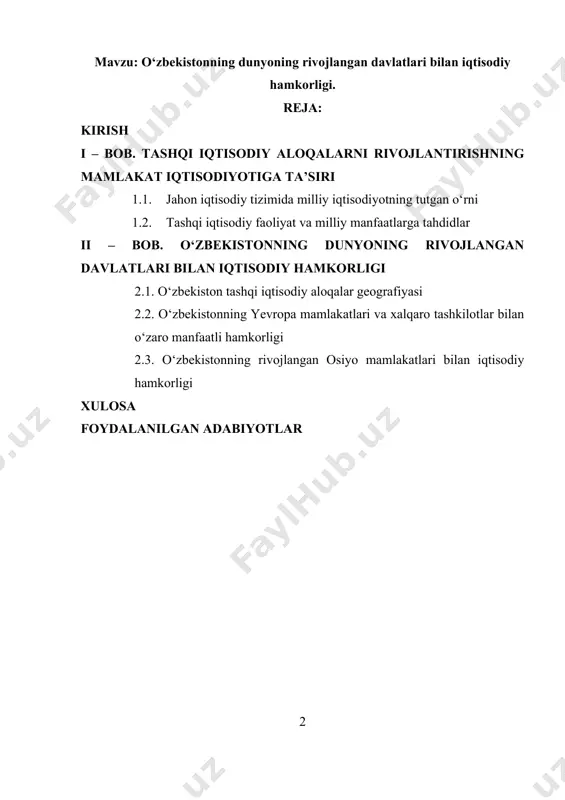 a mustahkam o’rin egallash, eksport hajmini oshirishga qaratilgan islohotlar amalga oshirilmoqda. hozirgi davrda mamlakatimizning tashqi iqtisodiy faoliyatidagi asosiy strategiyasi import o’rnini bosuvchi ishlab chiqarishni tashkil qilish bilan birga eksportga yo’naltirilgan mahsulot ishlab chiqarishni rivojlantirish va o’zining jahon bozoridagi raqobatbardoshligini kuchaytirishdan iborat. o’zbekiston respublikasini yanada rivojlantirish bo’yicha harakatlar strategiyasida “eksport faoliyatini liberallashtirish va soddalashtirish, eksport tarkibini va geografiyasini diversifikatsiya qilish, iqtisodiyot tarmoqlari va hududlarning eksport salohiyatini kengaytirish va safarbar etish” alohida ustuvor vazifalar sifatida belgilab berilgan. mazkur vazifalarning samarali bajaralishi mamlakatimizdagi ishbilarmonlik muhitining yanada yaxshilanishini, korxonalar ishlab chiqarishiga xorijdan zamonaviy texnikatexnologiyalarni jalb etishni faollashtirishni taqozo etadi, bu esa o’z navbatida mahsulotlar eksportini ko’payishiga, umuman olganda eksport salohiyatini oshirishga qaratilgan chora-tadbirlarni faol tarzda amaliyotga joriy etishga bo’lgan talabni kuchaytiradi. o’zbekiston respublikasining jahon xo’jaligiga integratsiyalashuvida uning hududiy va global darajadagi raqobatbardoshligi bo’yicha qiyosiy ustunligi, tashqi iqtisodiy siyosatni ishlab chiqish va uni amalga oshirish bilan ko’p jihatdan bog’liq. amalga oshirilayotgan tarkibiy islohotlar bo’yicha qizg’in …