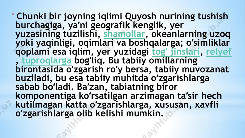 qilish. 4. atrof - muhitni muhofaza qilish sohasida savdo, iqtisodiy va texnologik aloqalarni rivojlantirish. 5. dunyo okeanini ifloslanishdan saqlash. 6. yovvoyi oʼsimliklar va hayvonlarni himoya qilish. 7. energetika sohasida ekologiya masalalarini hal qilish. birlashgan millatlar tashkiloti qoshida atrof - muhitni muhofazasi bilan shugʼullanuvchi yana bir qator tashkilotlar mavjuddir: butun jahon salomatlik tashkiloti (voz), yevropa iqtisodiy komissiyasi (ej) va boshqalar. 1992 yil stokgolmda oʼtkazilgan bmtning atrof - muhitni muhofazasi muammolariga bagʼishlangan halqaro konferentsiyasida 5 iyun kuni butun jahonda atrof - muhitni muhofaza qilish kuni deb eʼlon etildi. shu muammolarni toʼgʼri hal qilishda insonlarni ishlab chiqarish faoliyatlari bilan tabiat oʼrtasidagi bogʼliqlik qonuniyatlarini oʼrgatuvchi fan - «ekologiya» fanining ahamiyati juda kattadir. bu fan oʼz mohiyati bilan tabiiy resurslardan oqilona foydalanish, inson bilan tabiat oʼrtasidagi aloqaning strategiya va taktikasini ishlab chiquvchi ilmiy baza vazifasini oʼtaydi. shuning uchun atrof-muhit tirik organizmlarining yashashi uchun normal ekologik parametrlarga ega boʼlgan chegaralar miqyosida yaʼni biosfera chegaralari oʼrganiladi. insonlarning …