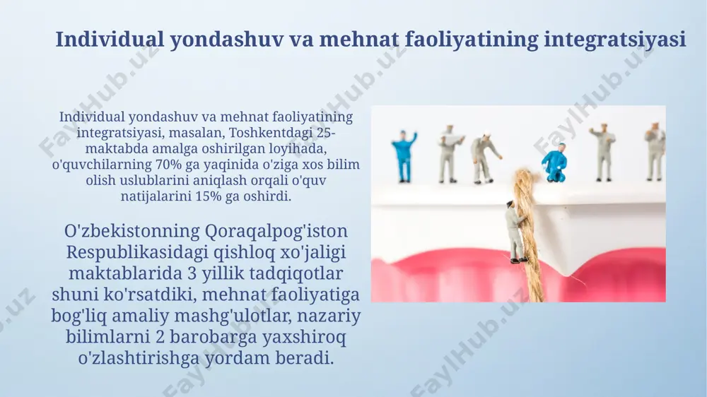 mdagi muammolari individual yondashuvning amaliy qo'llanilishi, ayniqsa, 5-sinfdan boshlab, matematika va fizika fanlarida o'quvchilarning 30% gacha o'zlashtira olmasligiga olib kelishi mumkin, bu esa ta'lim sifatini pasaytiradi va farg'ona viloyatidagi maktablar statistikasida aks etadi. individual yondashuvni qo'llashda resurslarning (o'qituvchilar, materiallar, vaqt) cheklanganligi, ayniqsa, qishloq hududlarida, masalan, qashqadaryo viloyatining chekka qishloqlarida, ta'lim samaradorligiga salbiy ta'sir ko'rsatishi mumkin, natijada o'quvchilarning bilim darajasi pasayadi. mehnat faoliyatining ta'lim mazmuniga integratsiyasi o'zbekistonning 2022-yilgi ta'lim islohotida mehnat ta'limi 3 ta asosiy yo'nalish - hunarmandchilik, qishloq xo'jaligi va texnologiya bo'yicha kengaytirildi, bu esa 1000 dan ortiq maktabda qo'llanilmoqda. mehnat faoliyatini ta'limga integratsiya qilish natijasida toshkentdagi 2 ta litseyda o'quvchilarning kasbiy yo'nalishga qiziqishi 35% ga oshdi, bu esa 2024 yilgacha 5 ta litseyga tarqatilishi rejalashtirilgan. zamonaviy ta'limda mehnat tarbiyasi surxondaryo viloyatining qishloq hududlaridagi maktablarda 2022-yilda amalga oshirilgan tadqiqotlar, mehnat tarbiyasining ijtimoiy moslashuvchanlikka ijobiy ta'sirini 25% ga oshirganligini ko'rsatdi. toshkent shahridagi 5-sonli kasb-hunar kolleji tajribasi shuni ko'rsatdiki, amaliy mashg'ulotlarga asoslangan …