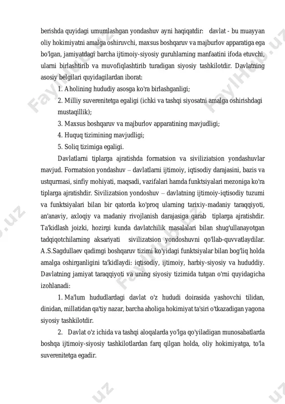gi dehqonchilik viloyatlarida (surxon, qashqadaryo, zarafshon havzalari va boshq.) bitta yoki ikkitadan ko'p bo'lmagan. arxeologik tadqiqotlarning ko'rsatishicha, sug'orma dehqonchilikning rivojlanishi va hunarmandchilik natijasida bronza davridayoq o'rta osiyo hududlarida ijtimoiy tabaqalanish va mulkiy tengsizlik paydo bo'ladi. janubiy hududlaridagi bu jarayon faqat ichki sabablarga bog'liq bo'lmay, yaqin sharqdagi yuqori darajada rivolangan an'anaviy tarixiy-madaniy aloqalarga ham bog'liq edi. har bir jamoaning rivojlanishi ichki qonuniyatlaridan kelib chiqsa ham, dastlabki markazlardan kelib chiqqan tashqi ta'sir chetdagi viloyatlarning taqdirida katta ahamiyatga ega bo'lishi mumkin edi. yuqoridagilardan xulosa chiqarib aytish mumkinki, qadimgi davlatlar o'z rivojlanish bosqichlarida turli xususiyatlar va tarixiy qonuniyatlarga ega bo'lgan. astlabki davlatlar xo'jalikning ishlab chiqaruvchi shakllari - dehqonchilik va chorvachilik qaerda oldinroq rivojlangan bo'lsa, o'sha hududlarda paydo bo'lgan. davlatchilik jahon tarixida mil.avv.iv ming yillikning oxirida vujudga kelgan bo'lib, insoniyat sivilizatsiyasining so'nggi 5 ming yili bilan bog'lanadi. davlat tushunchasiga ta'rif berishda quyidagi umumlashgan yondashuv ayni haqiqatdir: davlat - bu muayyan oliy hokimiyatni amalga oshiruvchi, maxsus …