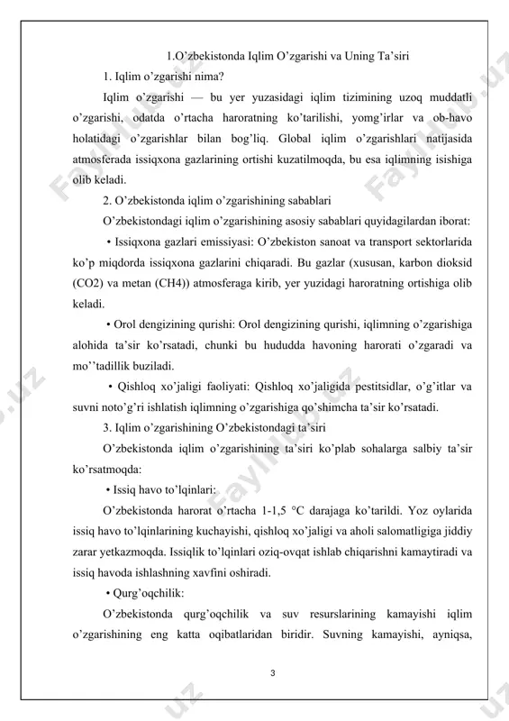 mdorligini yo’qotishi ham kuzatilmoqda. • yomg’irlarning kamayishi va o’zgarishi: o’zbekistonda kuzatilayotgan iqlim o’zgarishlari natijasida, yomg’irlarning miqdori va taqsimoti o’zgarmoqda. yomg’irlar kamroq yog’ishi va bir joyga ko’proq yog’ishi bilan qurg’oqchilik holati kuchaymoqda. bu yerda ekinlarni sug’orish uchun zarur suv resurslarini kamaytiradi. • suv ta’minoti va sug’orish muammolari: o’zbekistonda asosiy suv manbalaridan biri bo’lgan amudaryo va sirdaryo daryolarining suv miqdori kamaymoqda. bu daryolar orqali sug’oriladigan maydonlarning samaradorligini sezilarli darajada pasaytirmoqda. suv ta’minoti masalasi, ayniqsa, qishloq xo’jaligida yuzaga kelayotgan asosiy muammo bo’lib qolmoqda. • ekosistemalarning o’zgarishi: iqlim o’zgarishi natijasida o’zbekistondagi ekosistemalar ham o’zgarishlarga duch kelmoqda. orol dengizining qurishi, sho’r erlar va qurg’oqchil o’simliklarning ko’payishi tabiiy yashil hududlarning yo’qolishiga olib keladi. bu esa hayvonot dunyosiga zarar yetkazadi. • qishloq xo’jaligi hosilining pasayishi: o’zbekistonning asosiy qishloq xo’jalik ekinlari, jumladan, paxta, bug’doy, kartoshka, mevalar va sabzavotlar o’sishi iqlimga katta bog’liq. iqlim o’zgarishi natijasida hosil miqdori pasaymoqda. yomg’irlar kamroq yog’ishi va issiqlikning ortishi hosilni sezilarli darajada kamaytiradi. …