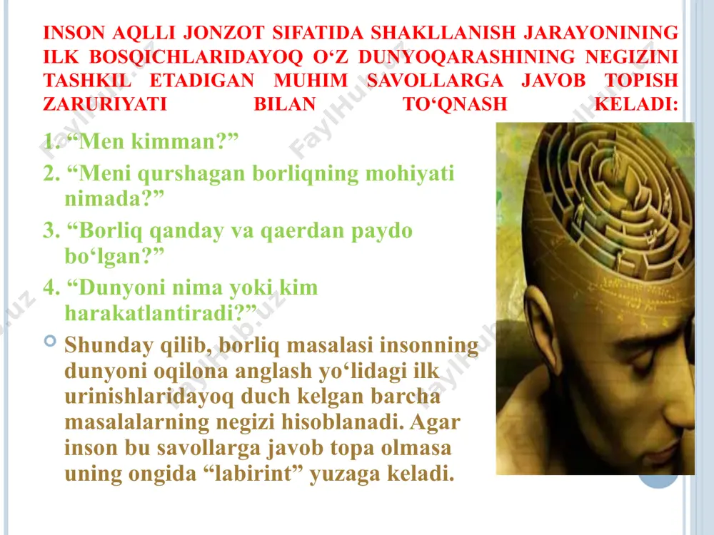 ng oraliqli (kelishuvchi) yo‘nalishi bo‘lib, bunda materializm va idealizm qutbiy (bir-birini taqozo etuvchi) munosabatda mavjud bo‘ladi. dualizm dastlab arastu ta’limotida paydo bo’lgan. biroq u idealist sifatida aniq to’xtamga kela olmagan/ mazkur yo‘nalishga xvi asrda r.dekart asos solgan. asosiy holatlari: ikkita mustaqil substansiya mavjud: moddiy (davom etish xususiyatiga ega bo‘lgan) va ma’naviy (fikrlash xususiyatiga ega bo‘lgan); dunyoda barcha narsalar u yoki bu substansiyalardan kelib chiqqan (ya’ni moddiy narsalar moddiy, ma’naviy narsalar ma’naviydan kelib chiqqan); •insonda bir vaqtning o‘zida ikkita substansiya mujassamlashgan – ham moddiy, ham ma’naviy; materiya va ong (ruh) – yagona borliqning ikki qarama-qarshi va o‘zaro bog‘liq tomonlaridir; •falsafaning asosiy masalasi (qay biri birlamchi –ongmi, materiyami) aslida mavjud emas, chunki materiya va ong bir-birini to‘ldiradi va doimo mavjud. * materiya - borliqning moddiy shakli sifatida materiya haqida fikr yuritishdan avval, bizni qurshab turgan olamning turlicha namoyon bo‘lish haqida tushunchalarga ega bo‘lishimiz lozim bo‘ladi. bizga ma’lumki, bizni qurshab turgan olam uch …