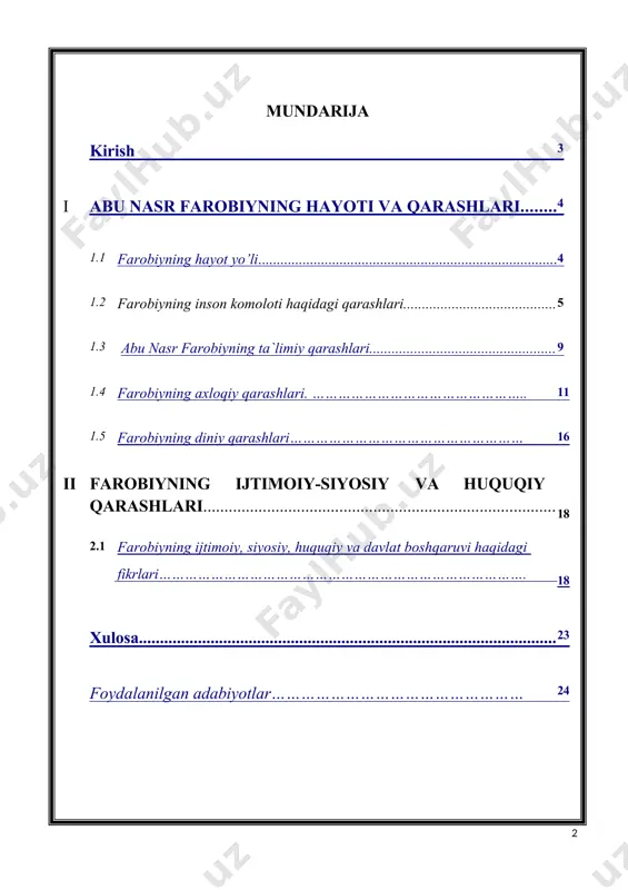sarlarida insonlarni eng oliy kamolot va baxt-saodatga erishishlarining asosiy vositalari va yo`llarini ilmiy asosda bayon etib bergan. mavzuning maqsadi va vazifasi: farobiy siymosini to’laligicha yoshlar qalbida, ongida gavdalantirish, uning buyuk xizmatlaridan xabardor qilish, uning timsolida inson o’z hayotini, o’zi uchun ham, butun jamiyat uchun ham foydali bo’lgan ishlarga bag’ishlashi, buning uchun u, avvalo, kasb-hunar o’rganishi, ma’rifatli, fazilatli bo’lishi kerakligini o’rgatish. ushbu maqsadni amalga oshirish maqsadida quyidagi vazifalarni yechish masalalari qo’yiladi: farobiyning hayoti va ijodiy merosi bilan tanishish uning inson komoloti va unga yetuvchi xislatlar haqida ta’limiy axloqiy diniy ijtimoiy , huquqiy, siyosiy, va davlat boshqaruvi haqidagi qarashlarini o’rganishni tahlil qilish. ishning metodologik asosi: o’zbekiston respublikasi uzluksiz ta’lim tizimining mazmunini belgilab beruvchi me’yoriy hujjatlar, xususan, o’zbekiston respublikasining «ta’lim to’g’risida» gi qonuni «kadrlar tayyorlash milliy dasturi», o’zbekiston respublikasi vazirlar mahkamasi, oliy va o’rta maxsus xalq ta’limi vazirliklari tomonidan qabul qilingan qarorlar, me’yoriy hujjatlar; pedagogika oid nazariyalar va konsepsiyalar, shuningdek, respublikamiz olimlarining qarashlari; …